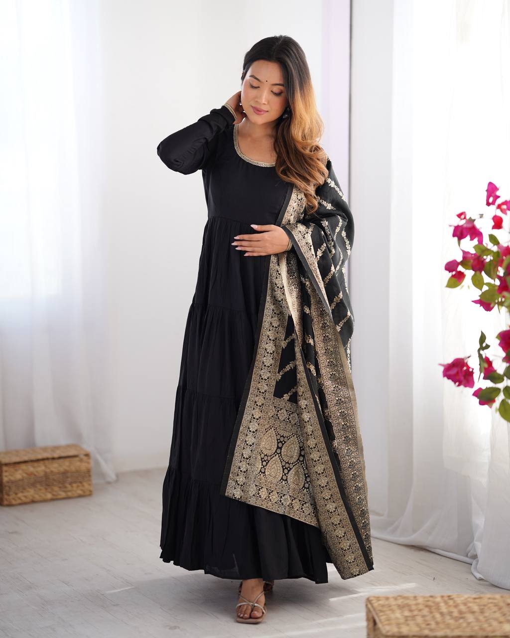 New Roman Silk Fabric Anarkali with Dupatta and Pant Set