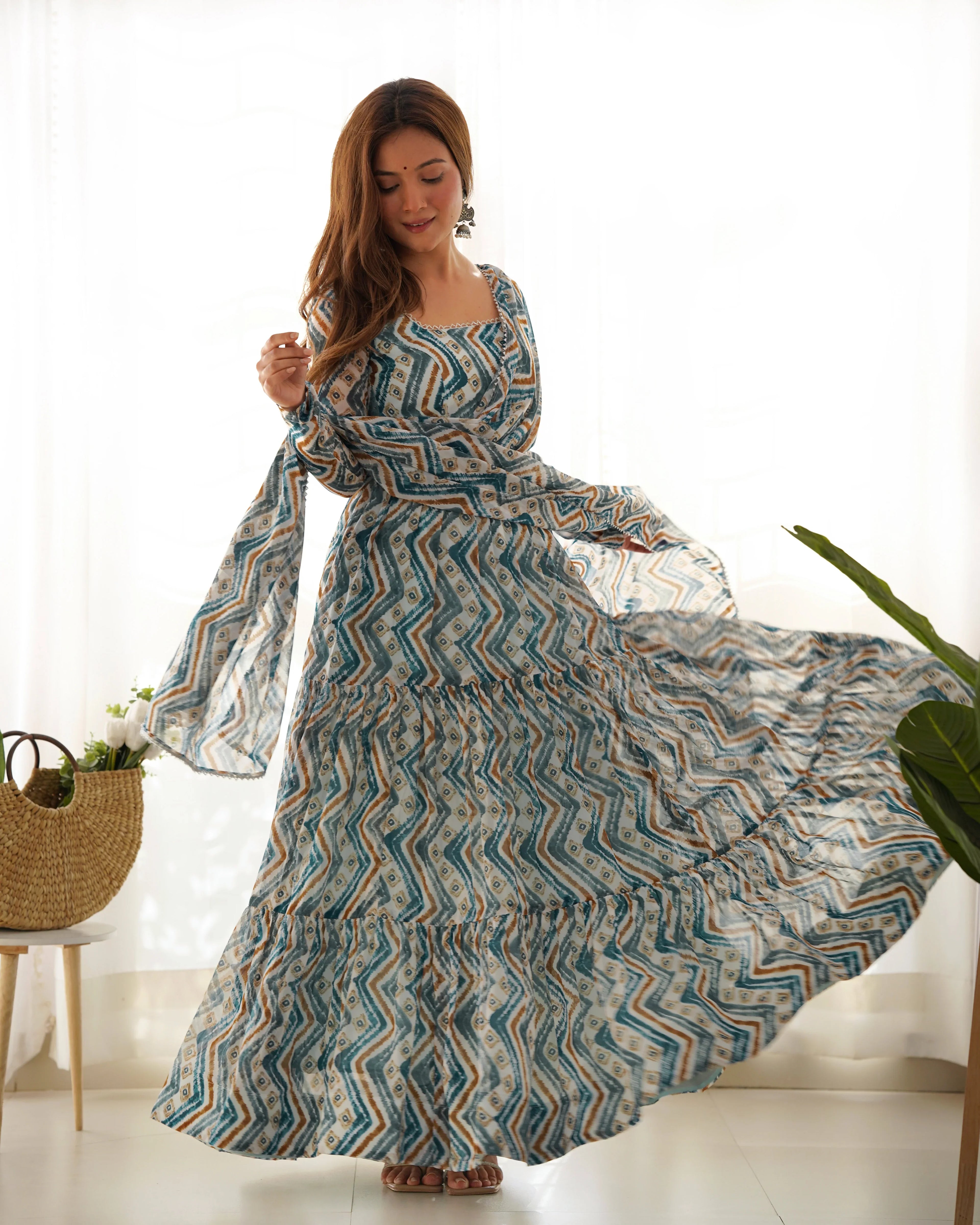 New Zigzag Printed 7 MTR Flair Anarkali Gown