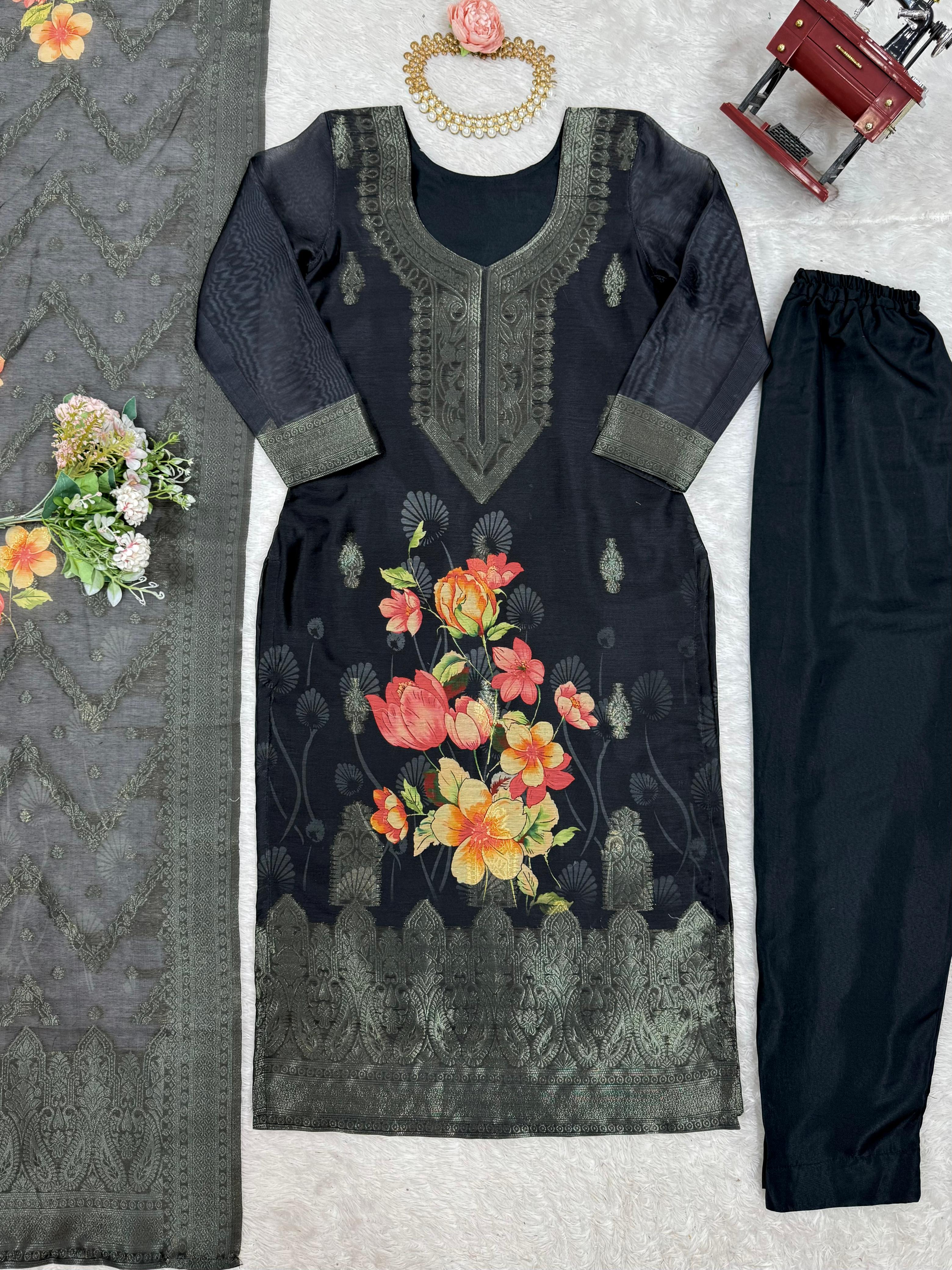 Women's Premium Chanderi Silk With Jacqard Print Dupatta Top Pant Set