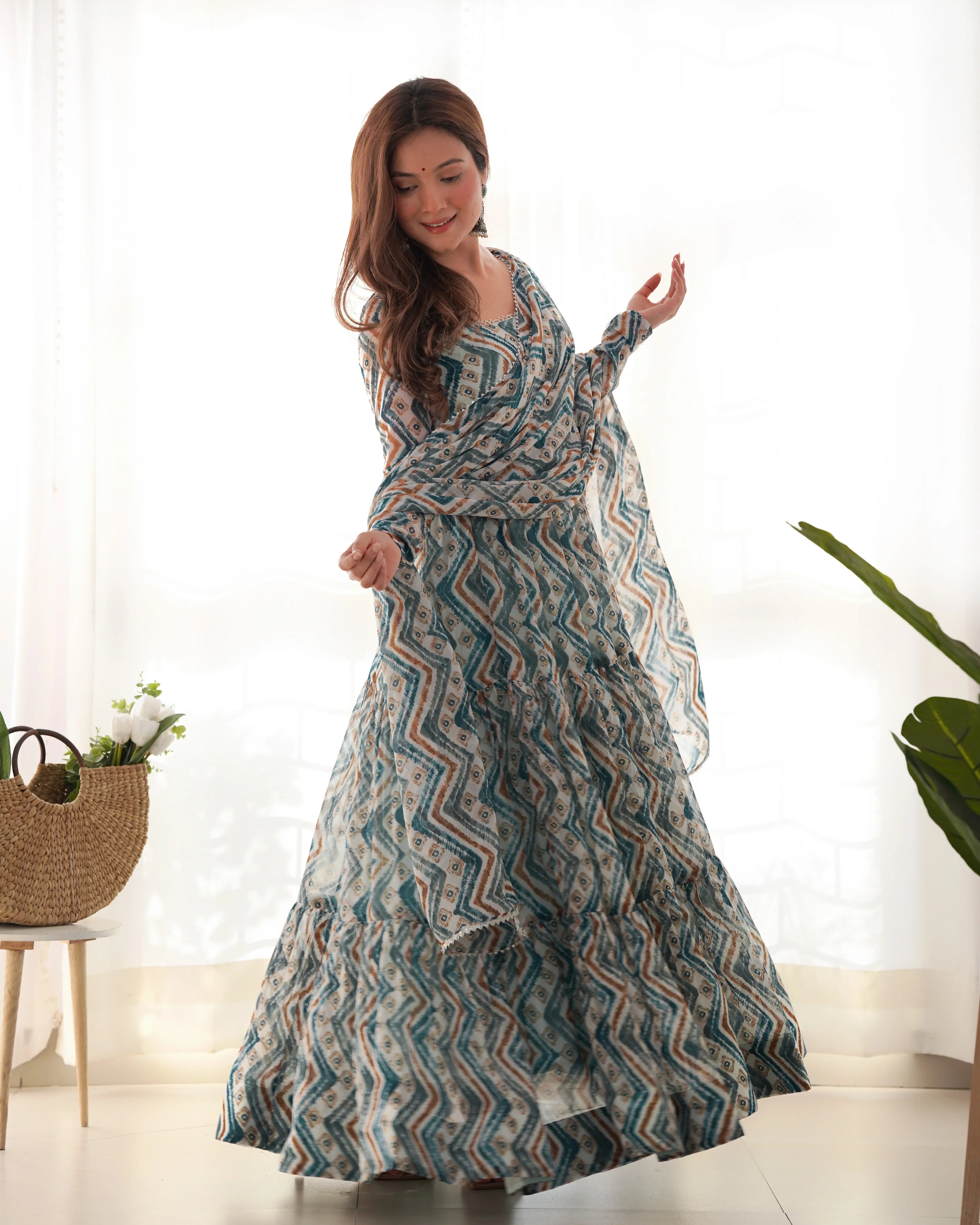 New Zigzag Printed 7 MTR Flair Anarkali Gown