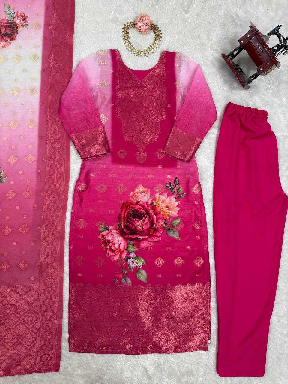Women's Premium Chanderi Silk With Jacqard Print Dupatta Top Pant Set