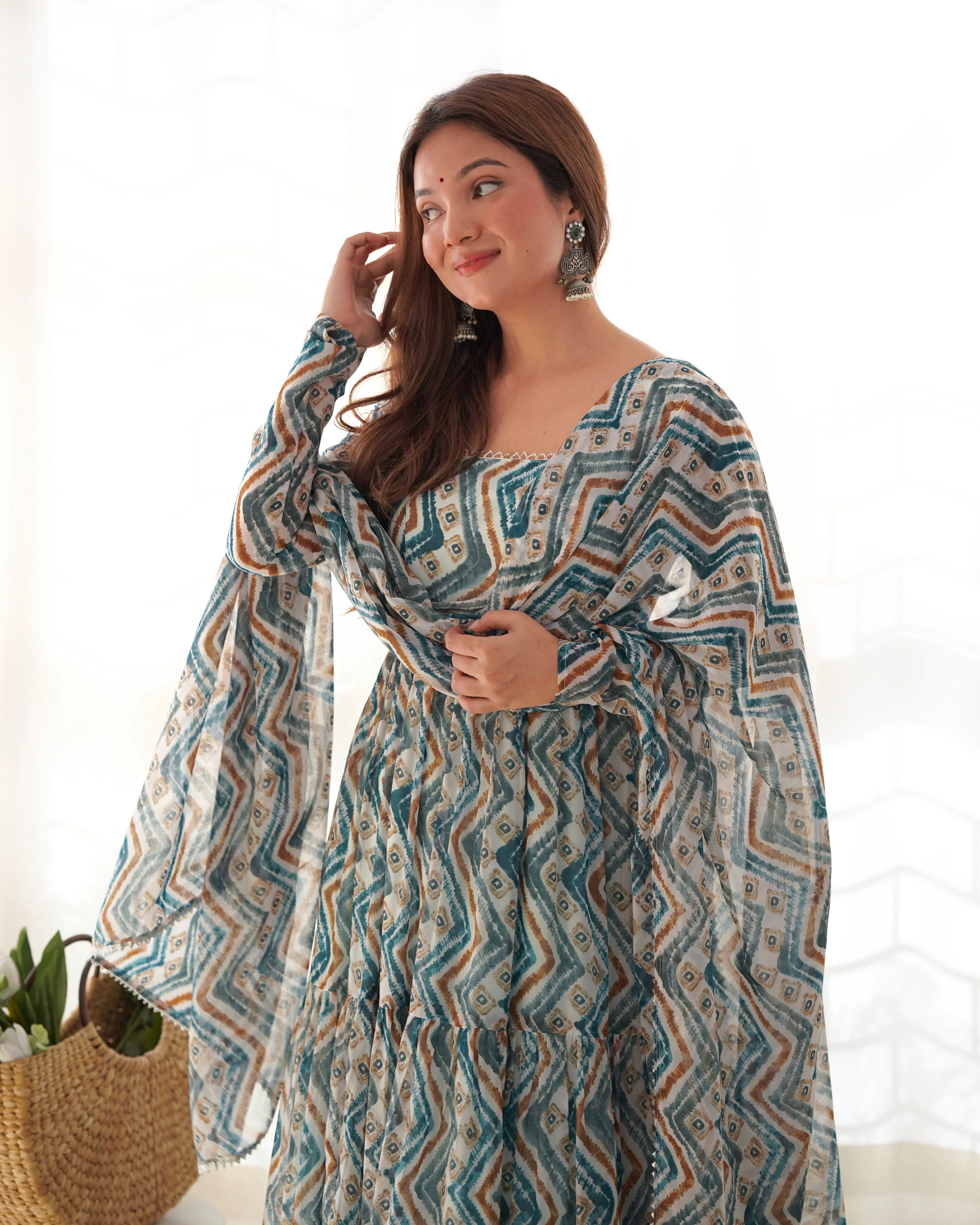 New Zigzag Printed 7 MTR Flair Anarkali Gown