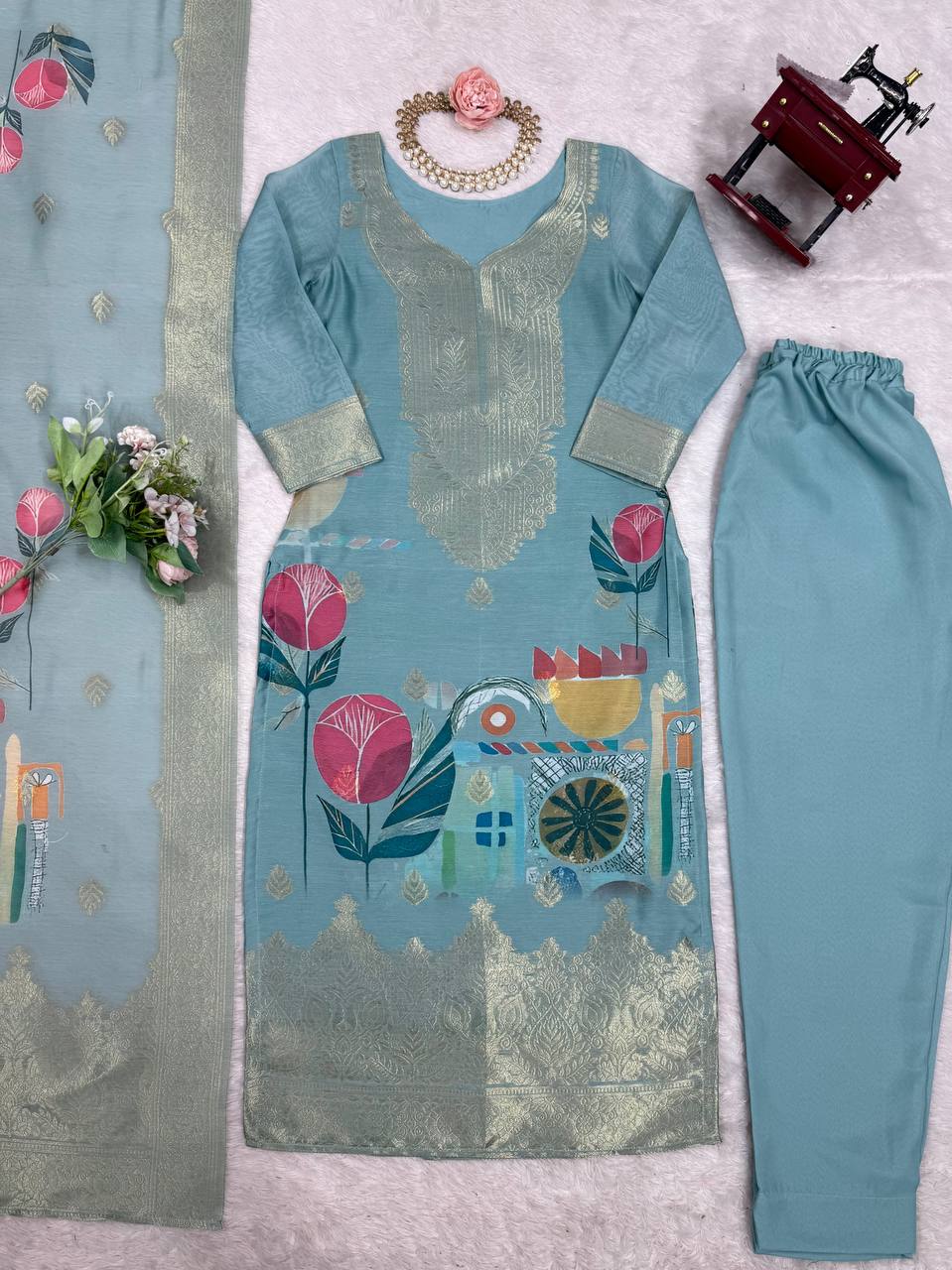 Women's Premium Chanderi Silk With Jacqard Print Dupatta Top Pant Set
