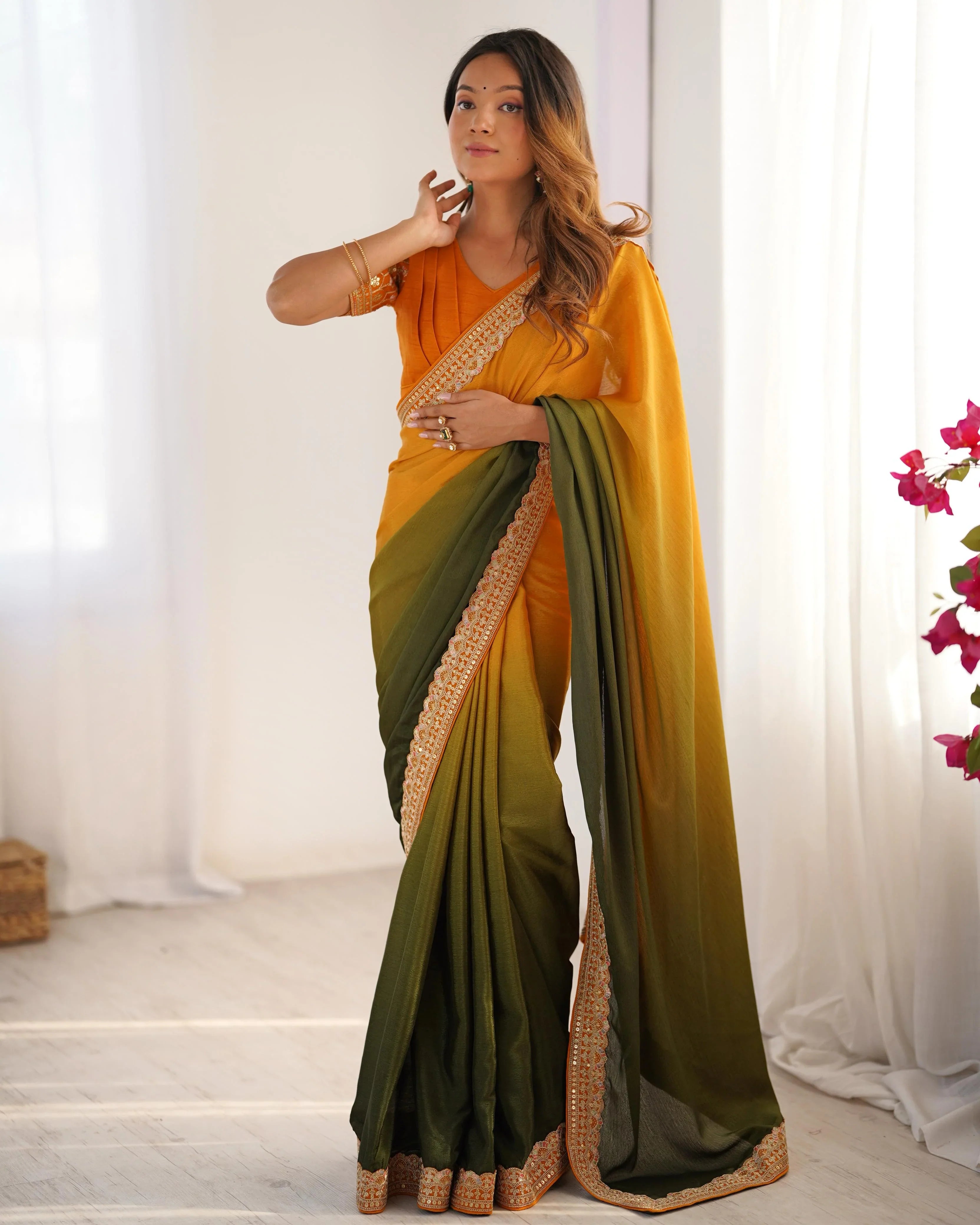 Beautiful Two Shade Chinon Silk Party Wear Saree