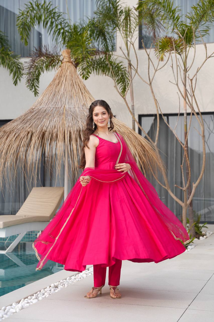Rani PInk Color Yoke Lace Work Anarkali