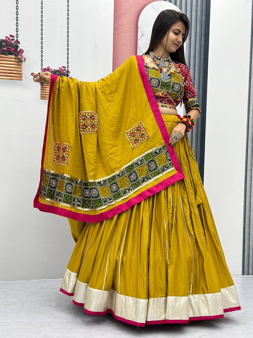 Yellow Color Ribbin Lace Work Micro Cotton Lehenga