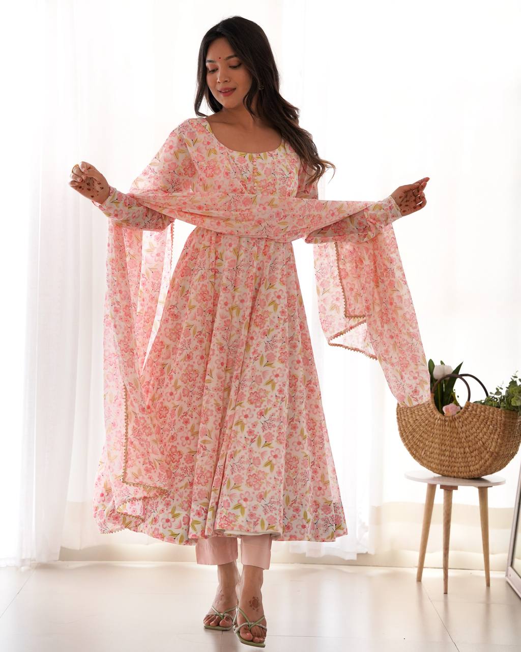 Orange Chiffon Floral Print