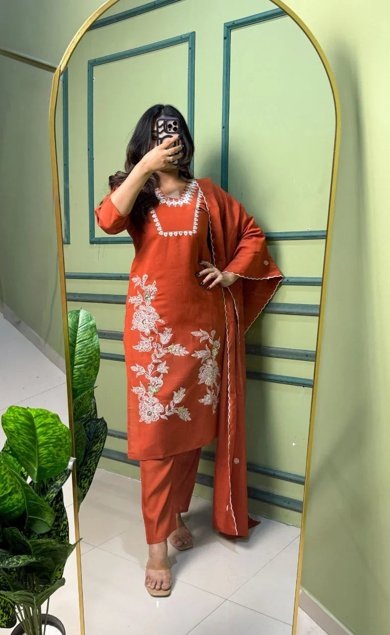 Orange Color Premium Roman Silk With Embroidery Work Kurti