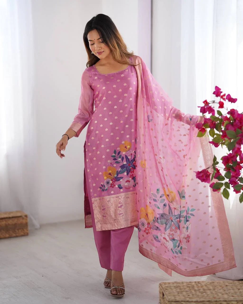 Women's Premium Chanderi Silk With Jacqard Print Dupatta Top Pant Set