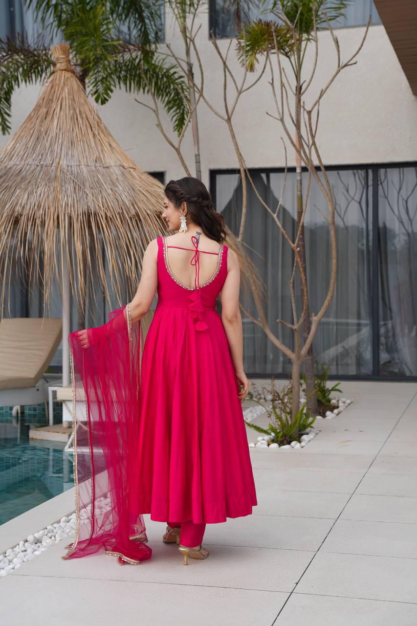 Rani PInk Color Yoke Lace Work Anarkali