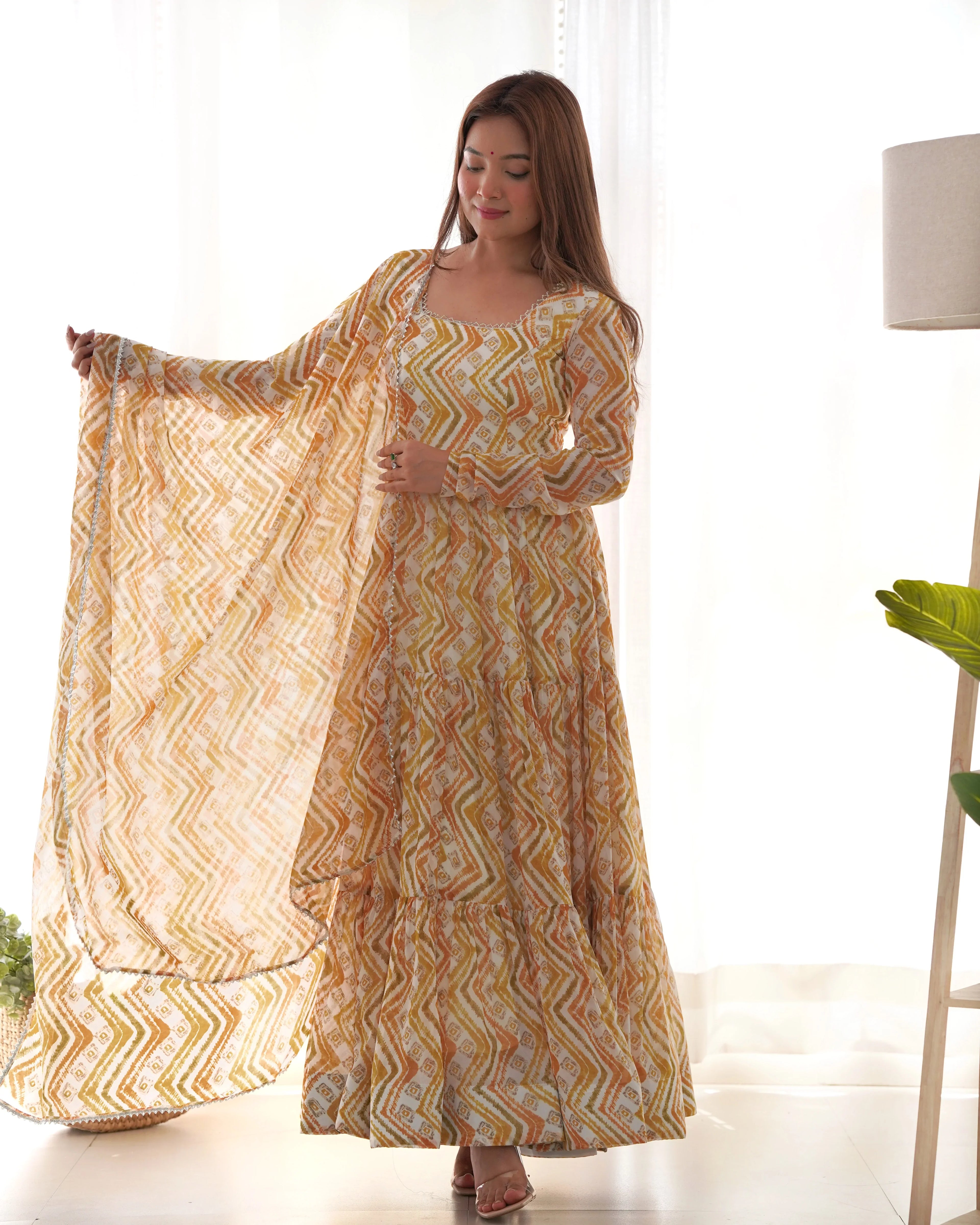 New Zigzag Printed 7 MTR Flair Anarkali Gown