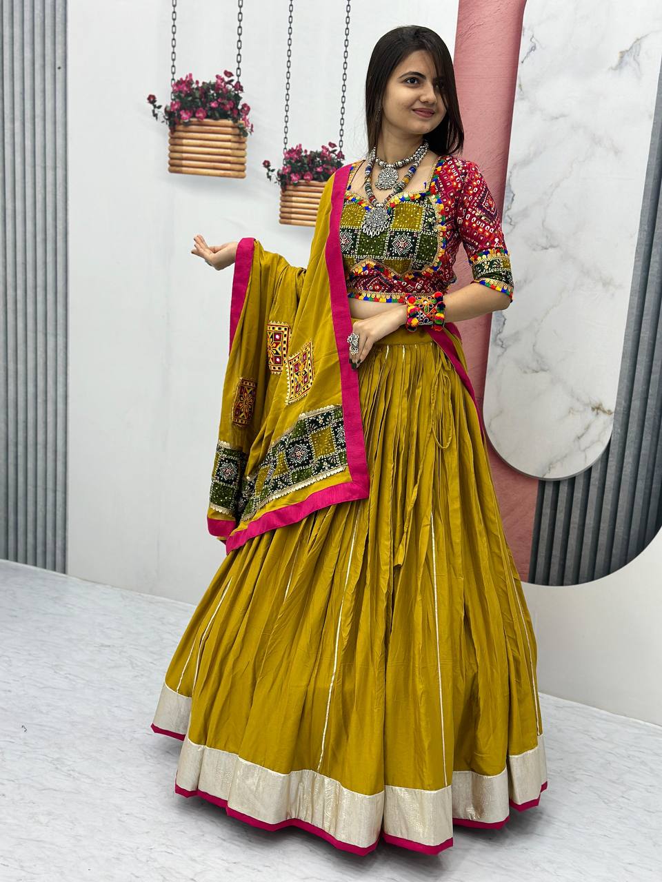 Yellow Color Ribbin Lace Work Micro Cotton Lehenga
