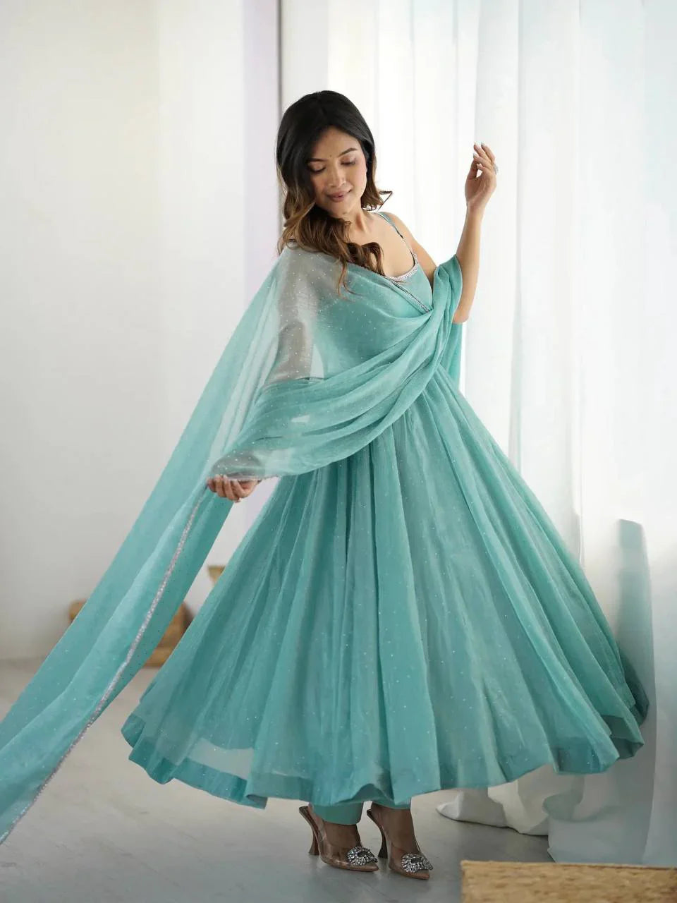 Sky Blue Color Crunchy Silk Siroski Work Anarkali