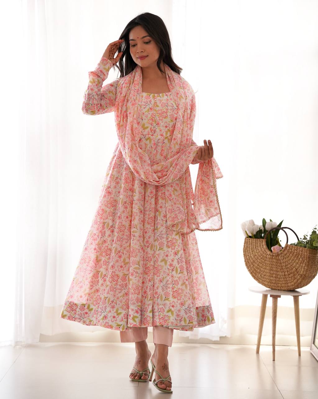 Orange Chiffon Floral Print