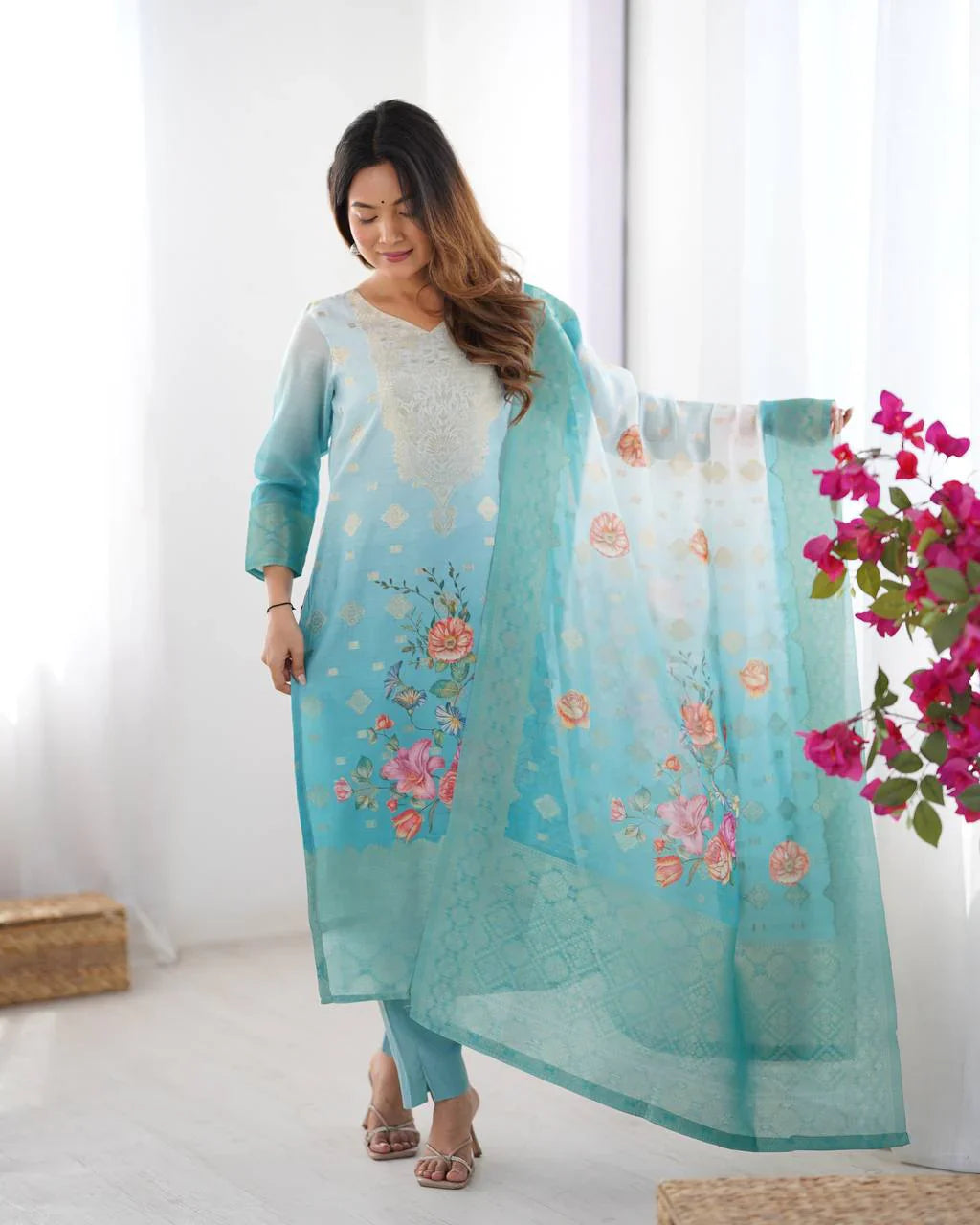 Women's Premium Chanderi Silk With Jacqard Print Dupatta Top Pant Set