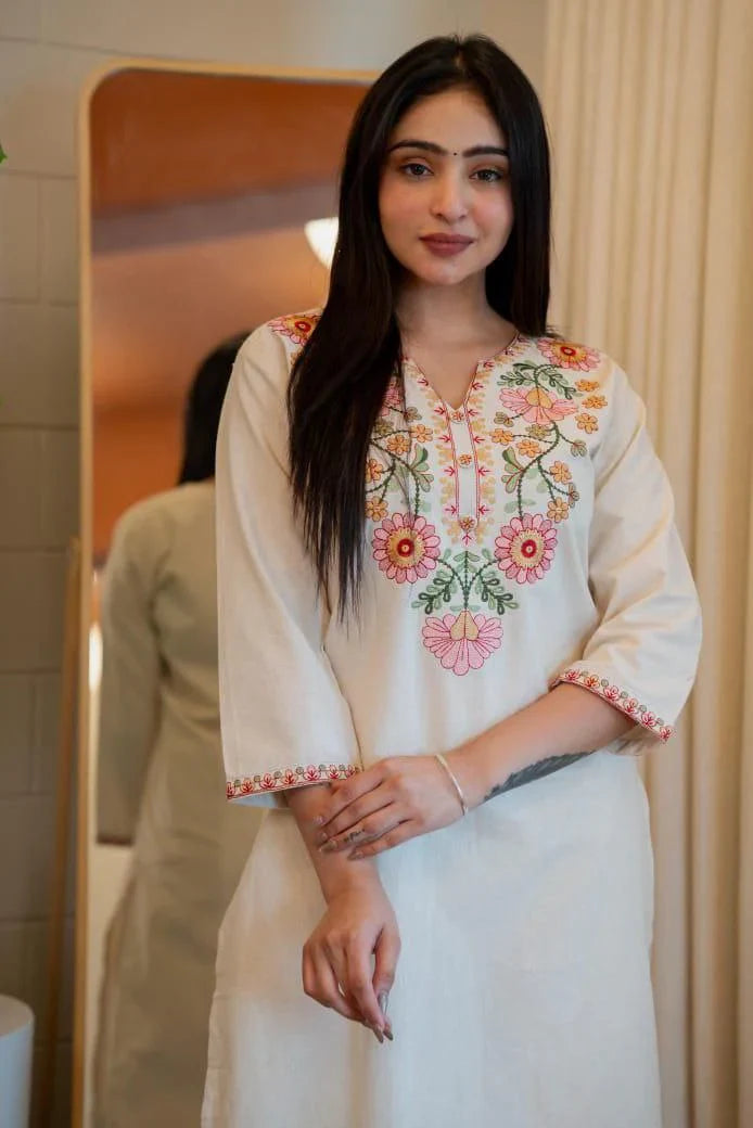 White Color Khadi Cotton Embroidery Work Kurti