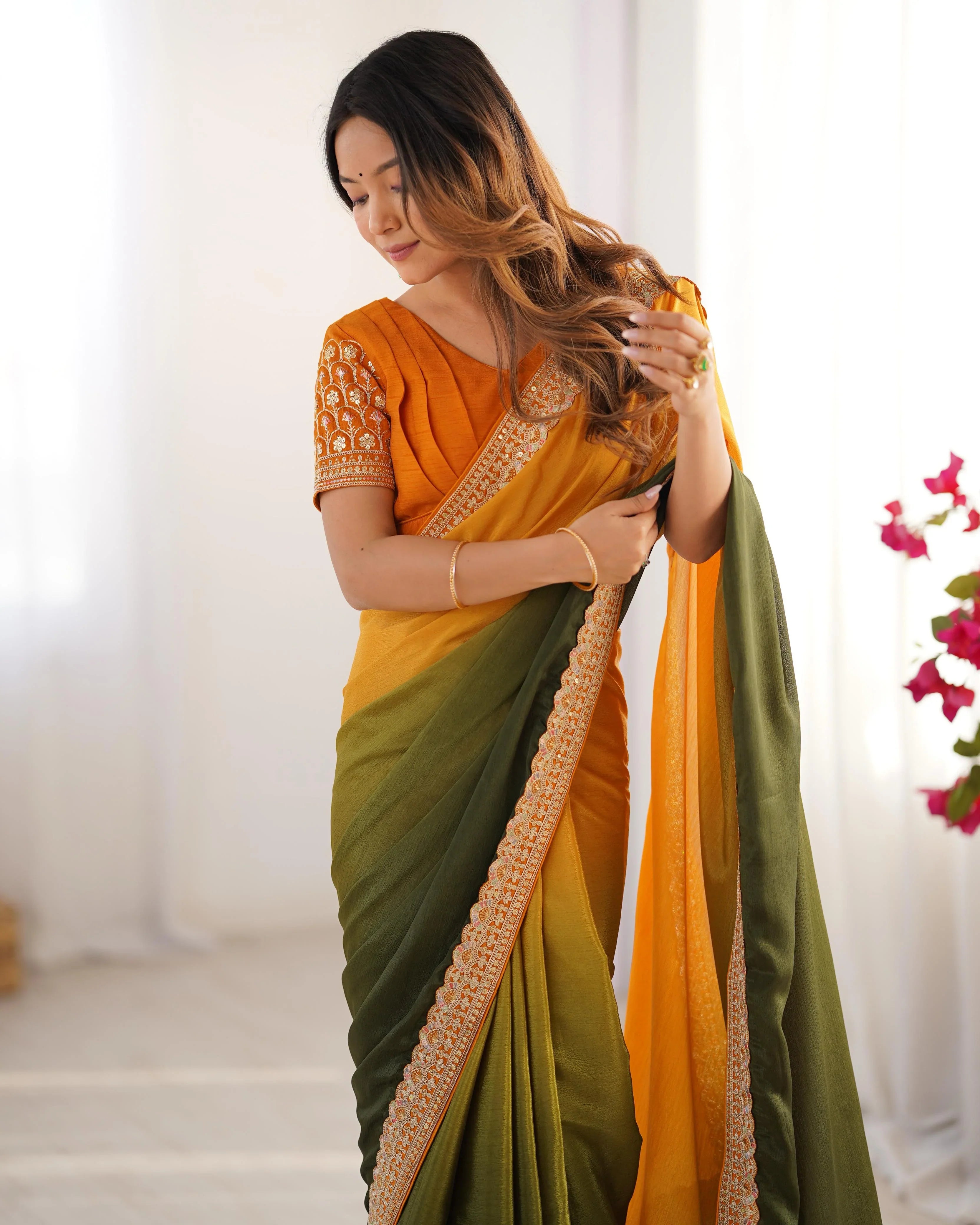 Beautiful Two Shade Chinon Silk Party Wear Saree