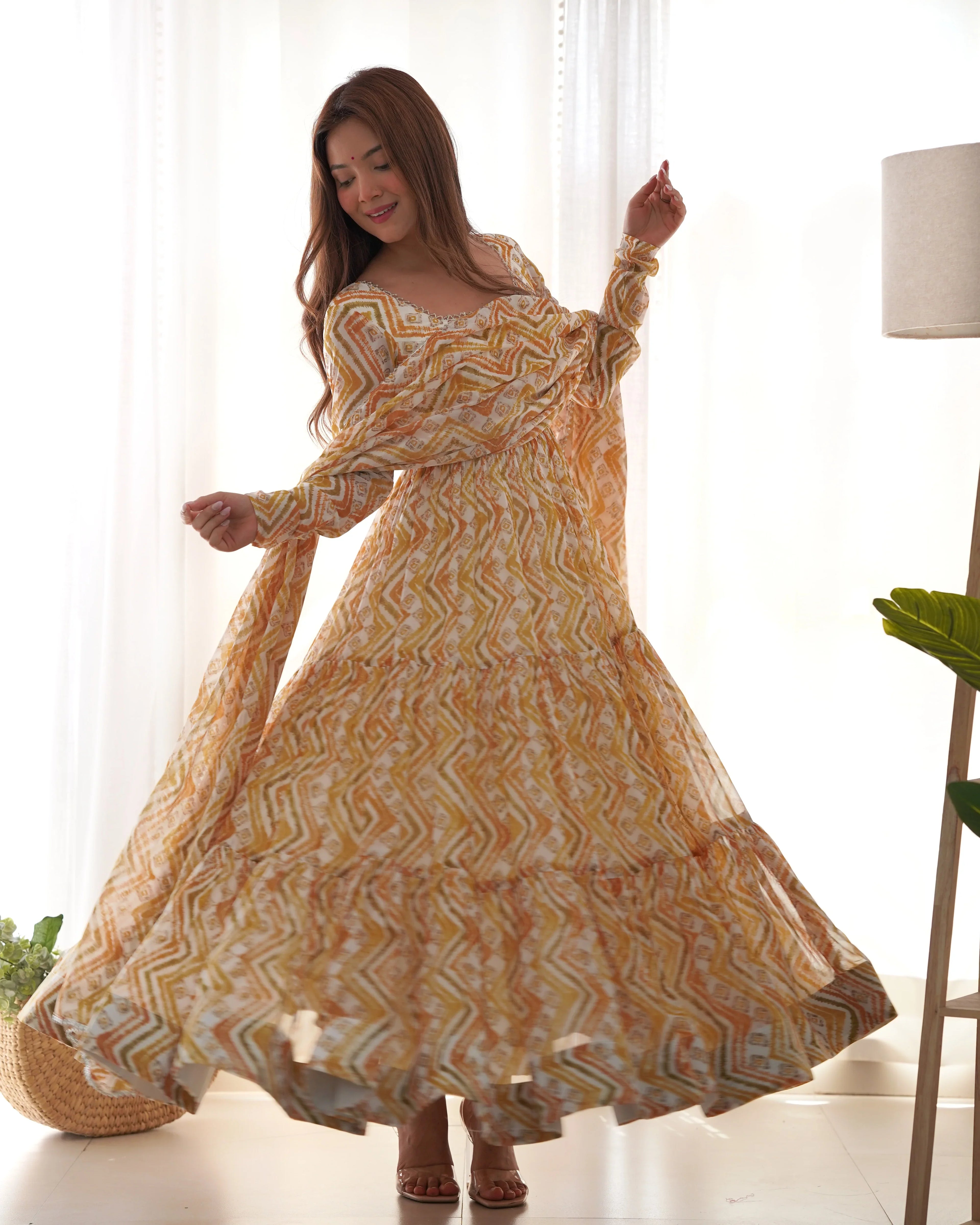 New Zigzag Printed 7 MTR Flair Anarkali Gown