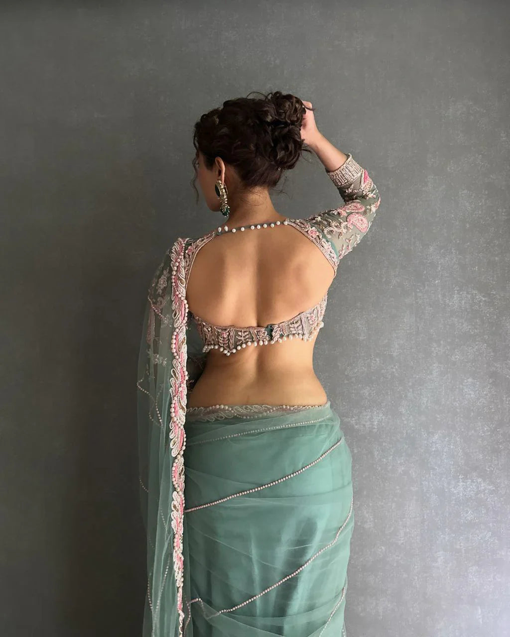 Beautiful Net Saree With Designer Embroidery Moti And Hand Diamond Work Heavy Blouse