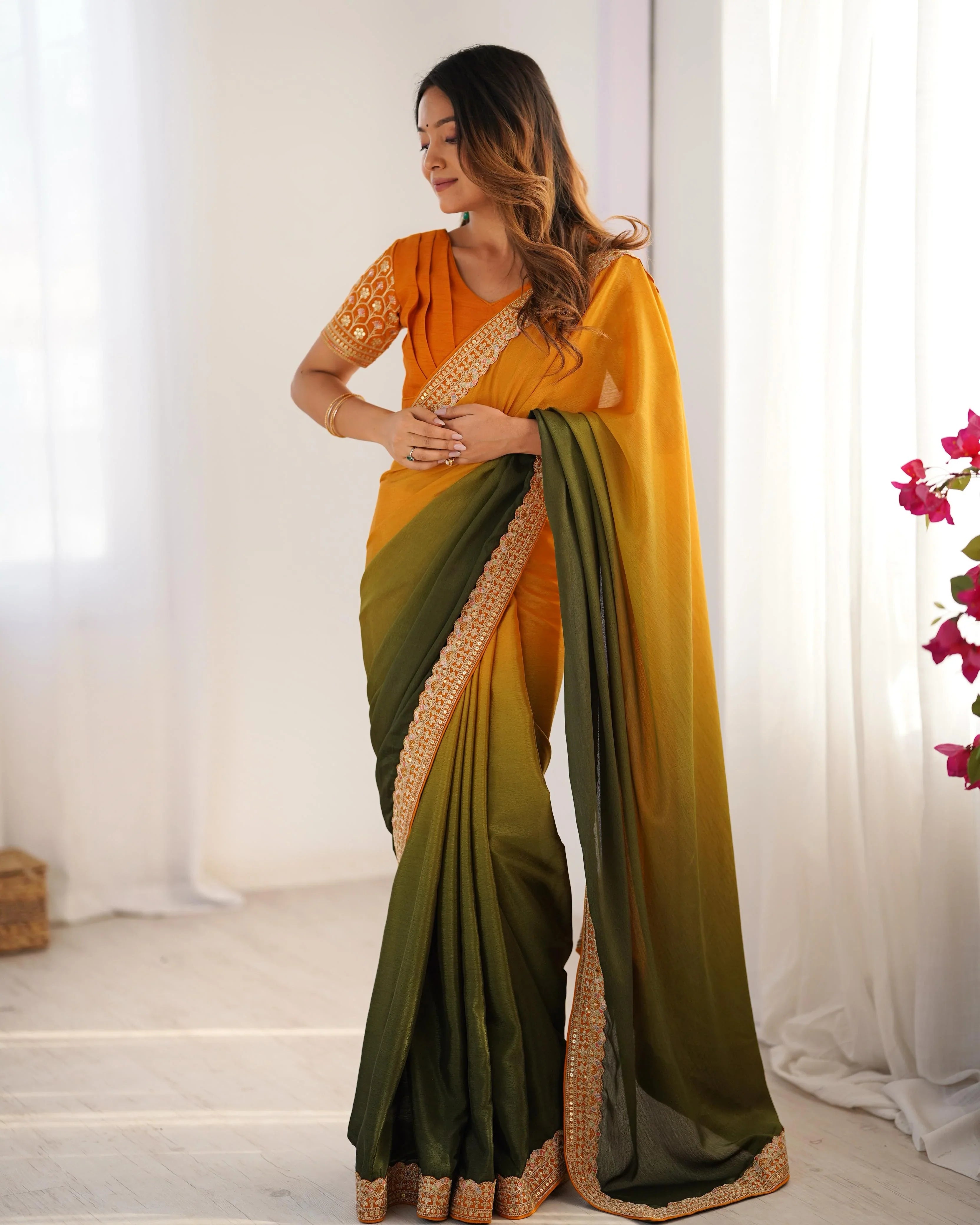 Beautiful Two Shade Chinon Silk Party Wear Saree