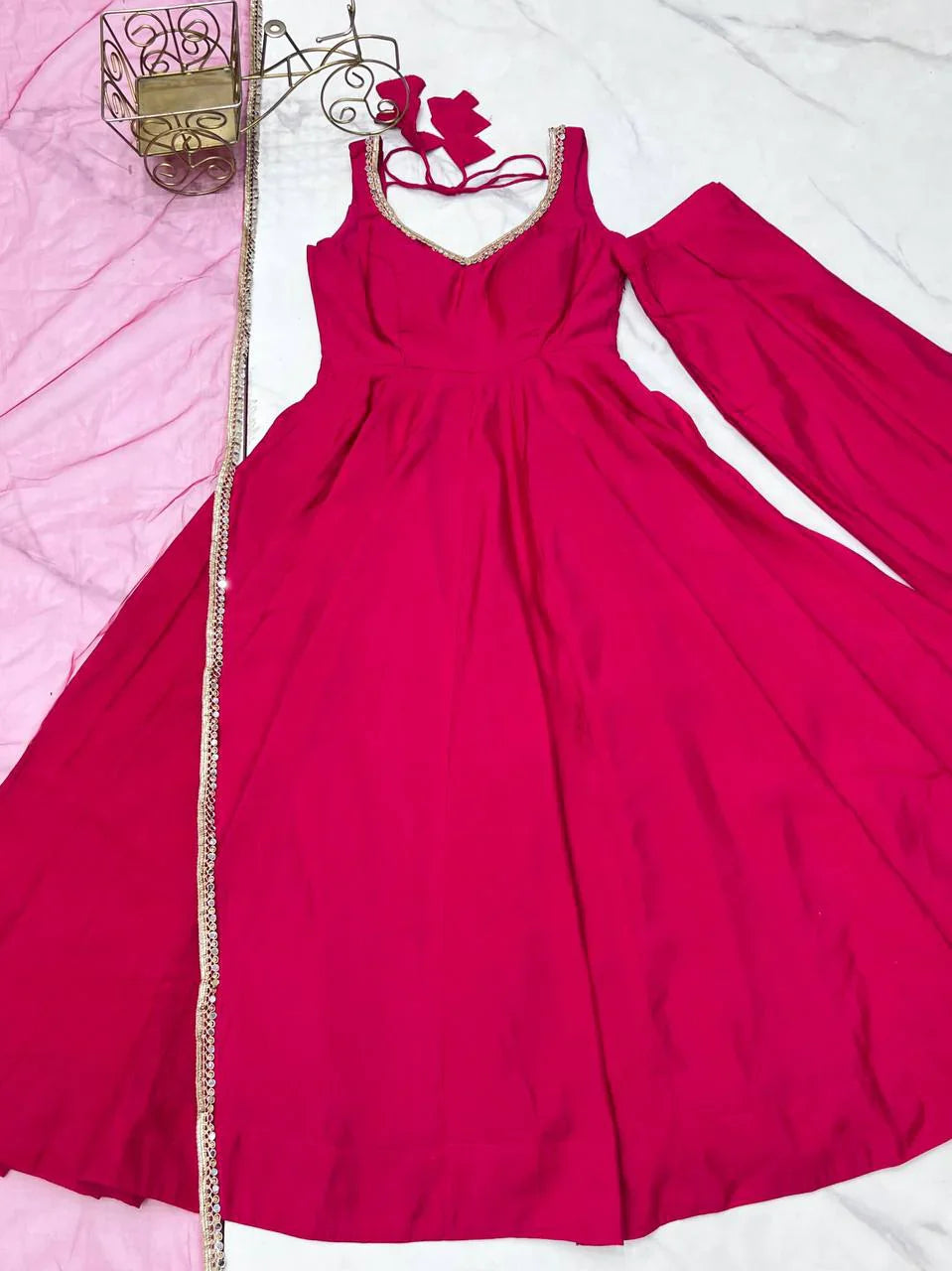 Rani PInk Color Yoke Lace Work Anarkali