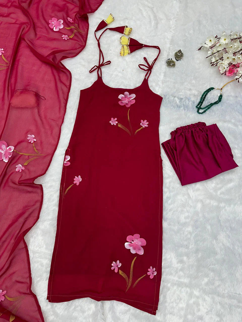 Wine Colour Georgette Floral Hand Printed Work Kurti