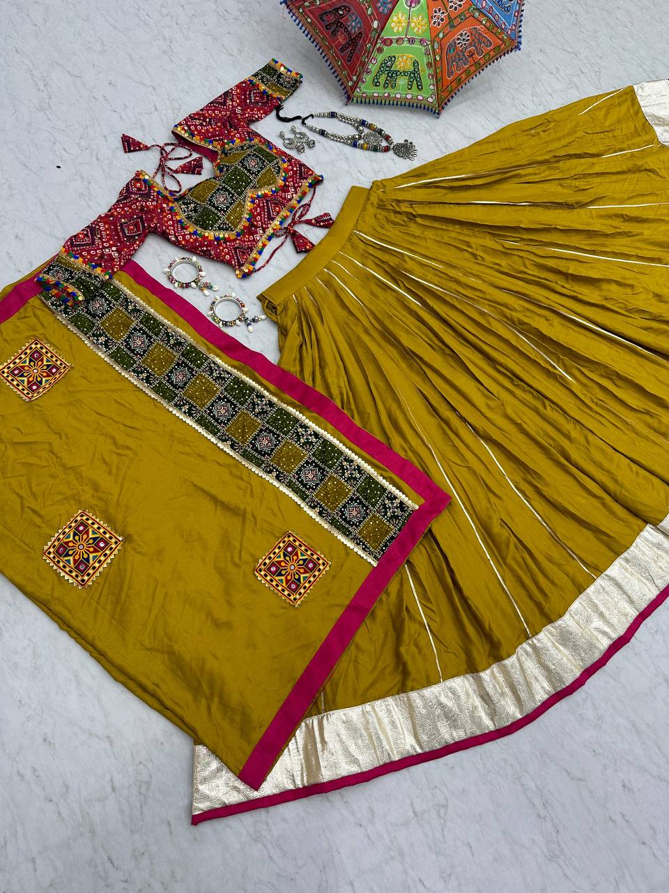 Yellow Color Ribbin Lace Work Micro Cotton Lehenga