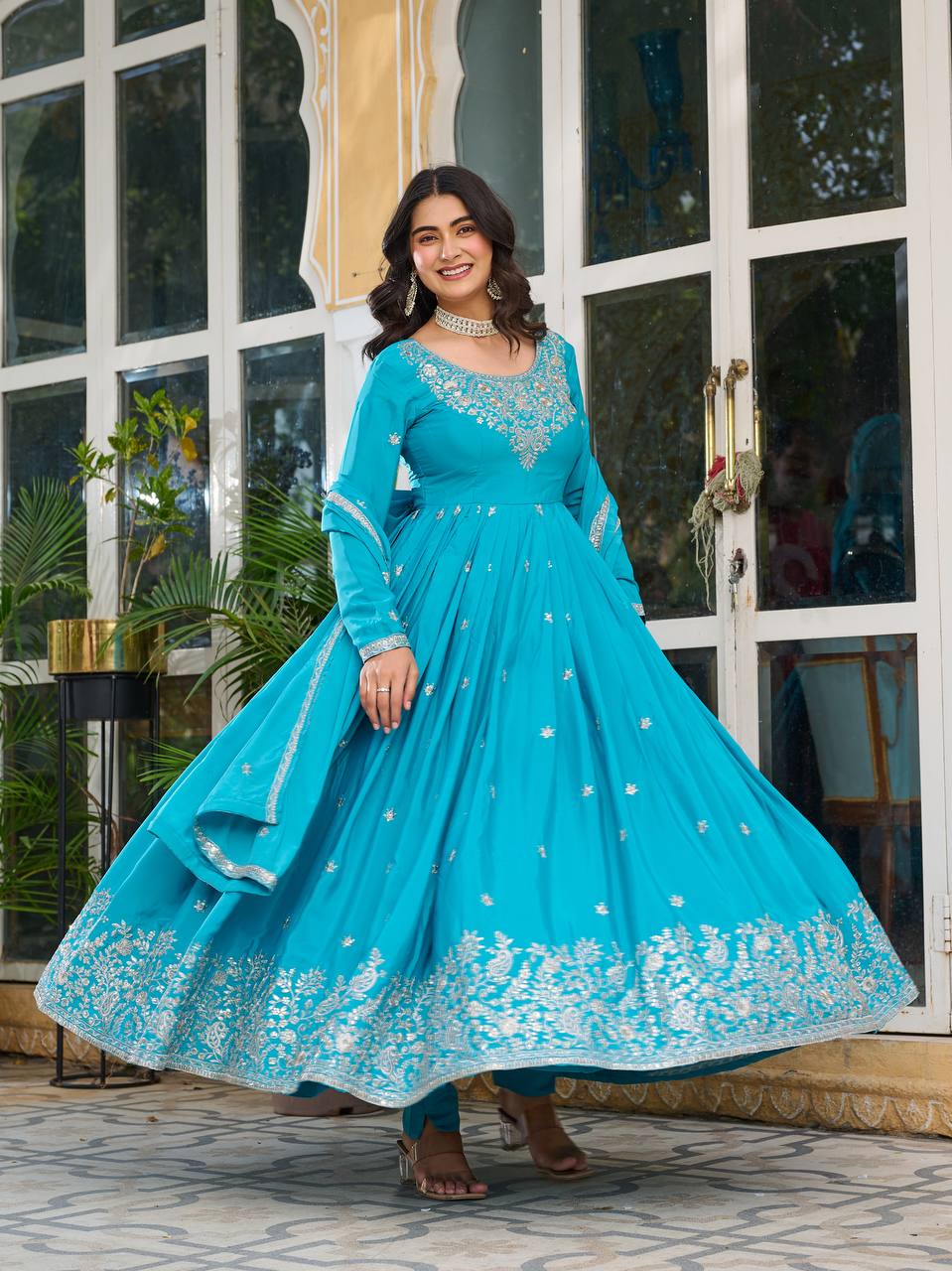 American Silk Plain Work And Thred With Sequence Work Gown
