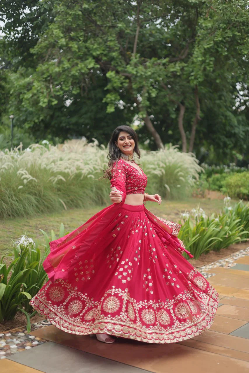 Red Rangoli Silk With Heavy Sequence And Thread Embroidery Work Lehenga Choli