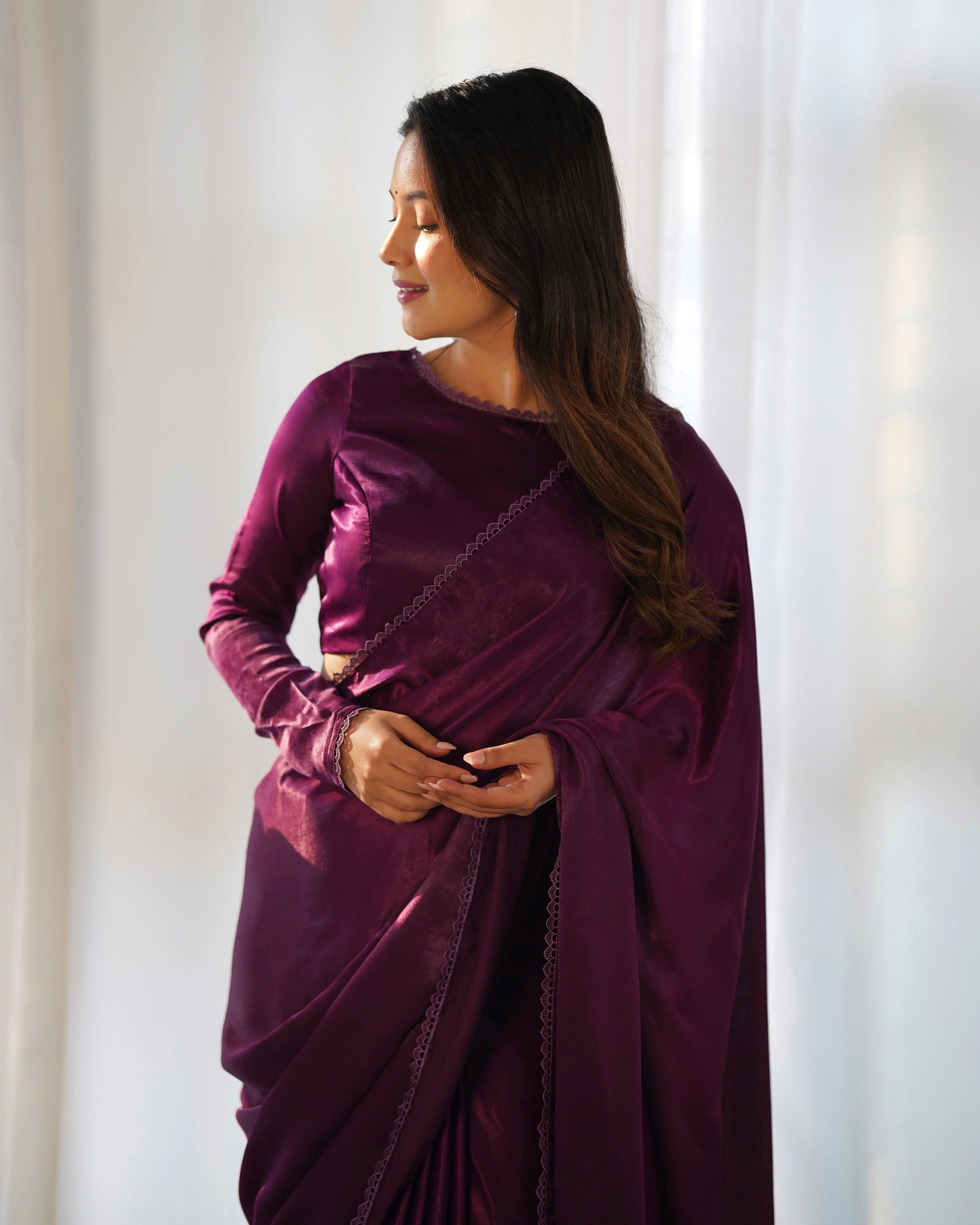 Wine Colour Velvet Lace Work Border Saree With Full Stitch Blouse