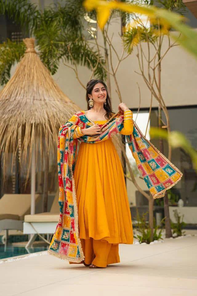 Haldi Special Yellow Gown In Silk Fabric With Fully plazzo With Multi Digital Print Lace Work Dupatta