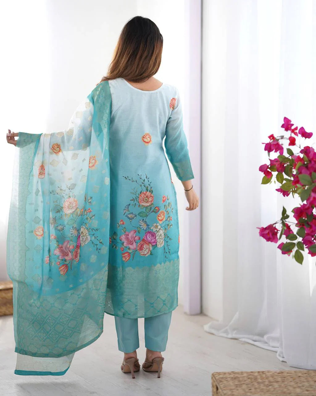 Women's Premium Chanderi Silk With Jacqard Print Dupatta Top Pant Set
