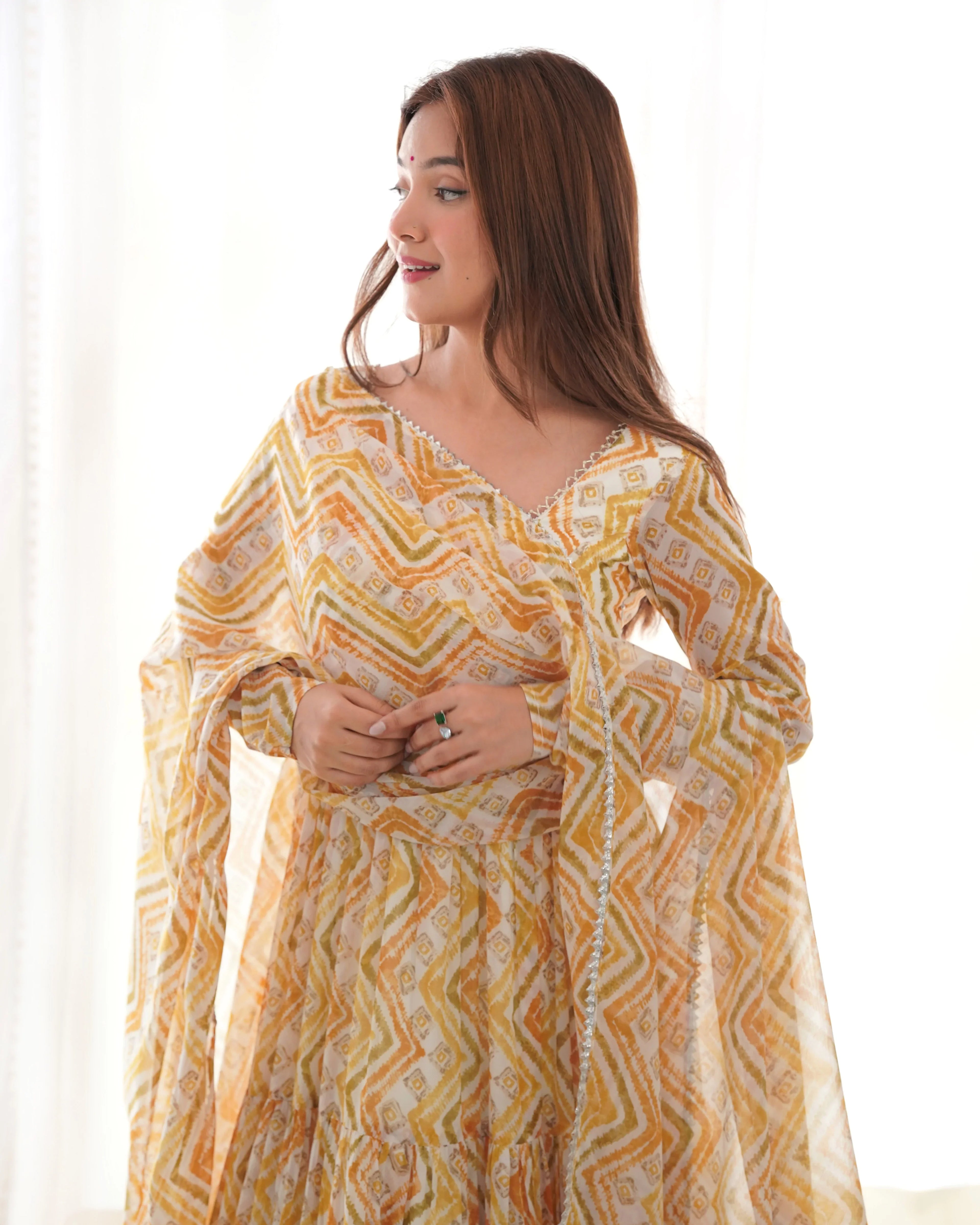 New Zigzag Printed 7 MTR Flair Anarkali Gown