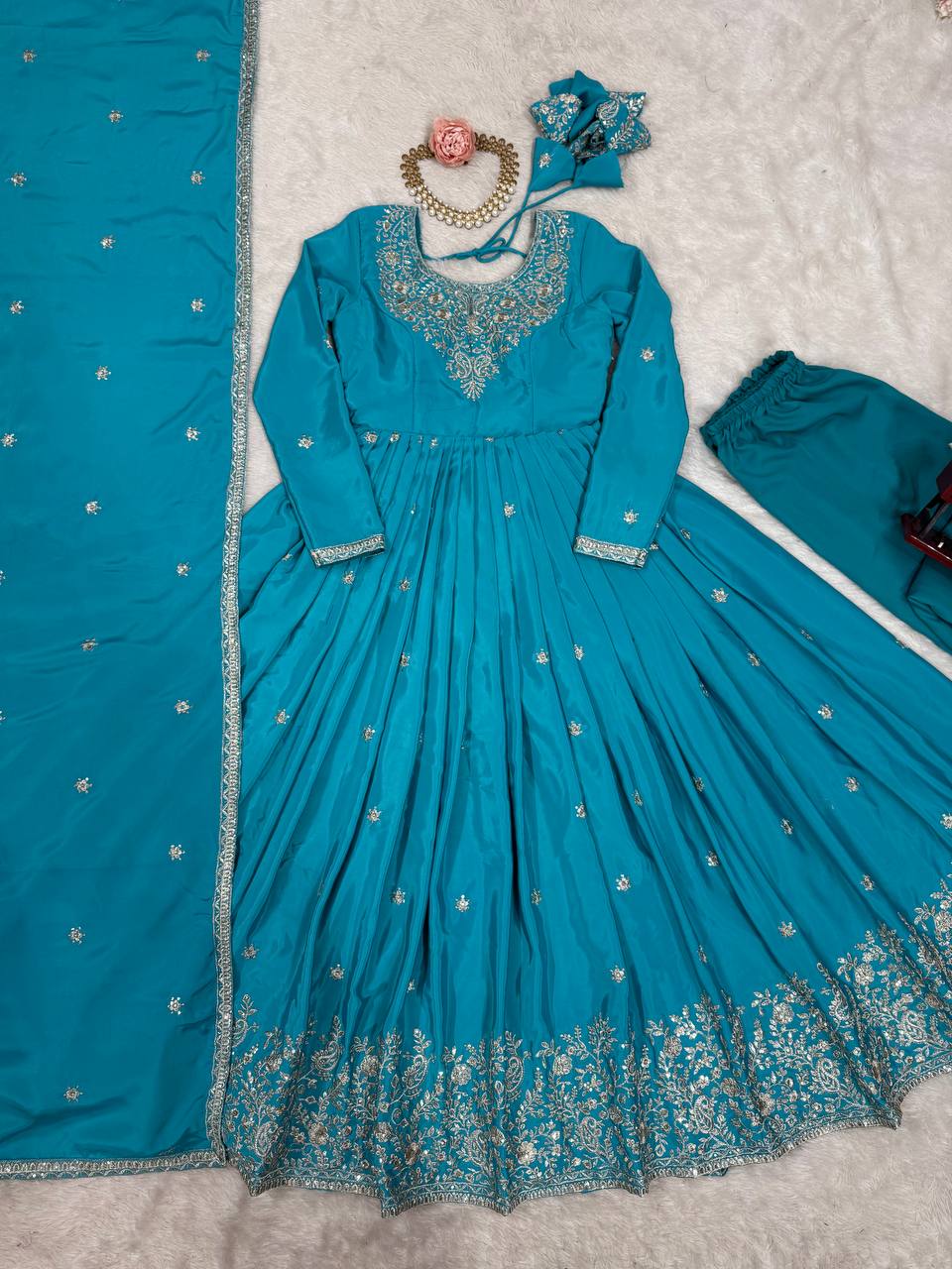 American Silk Plain Work And Thred With Sequence Work Gown