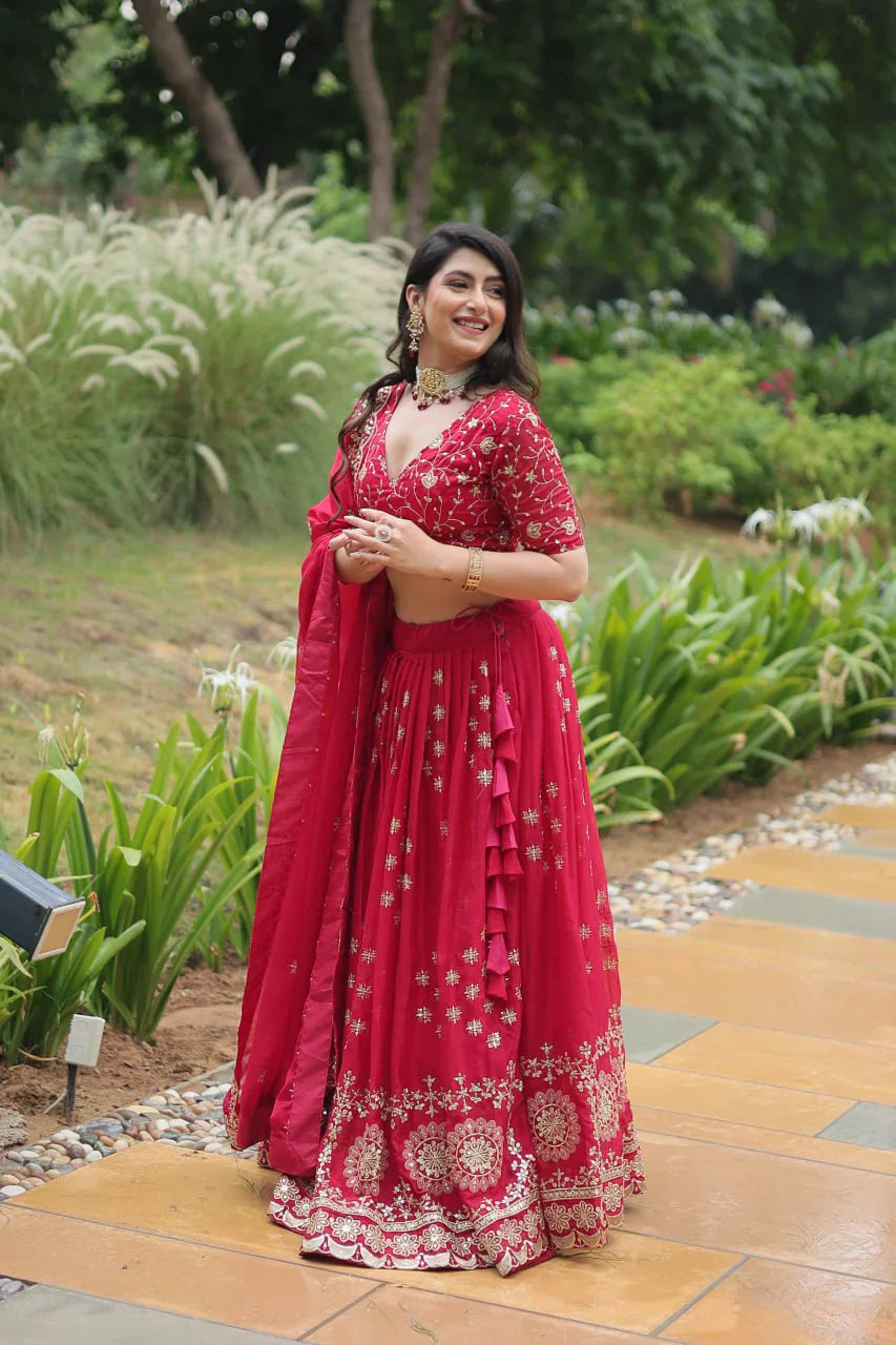 Red Rangoli Silk With Heavy Sequence And Thread Embroidery Work Lehenga Choli