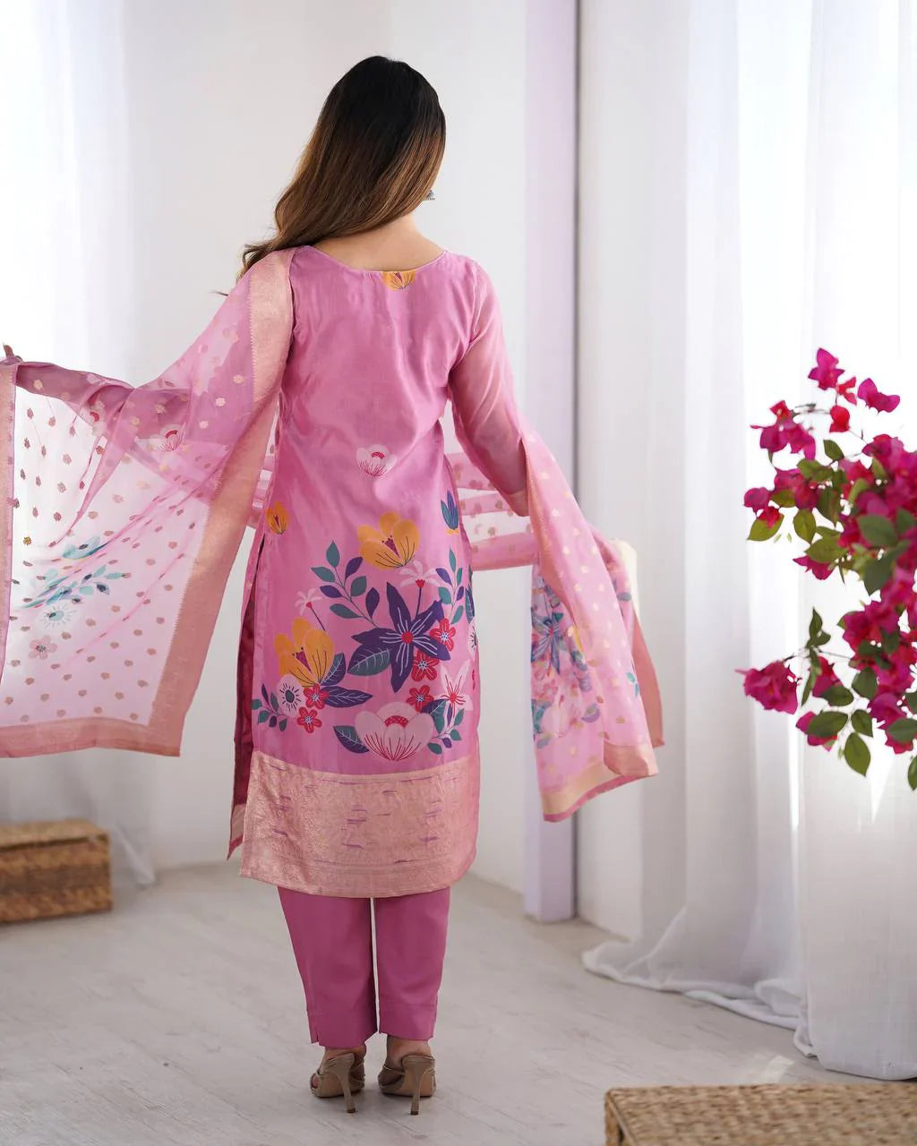 Women's Premium Chanderi Silk With Jacqard Print Dupatta Top Pant Set