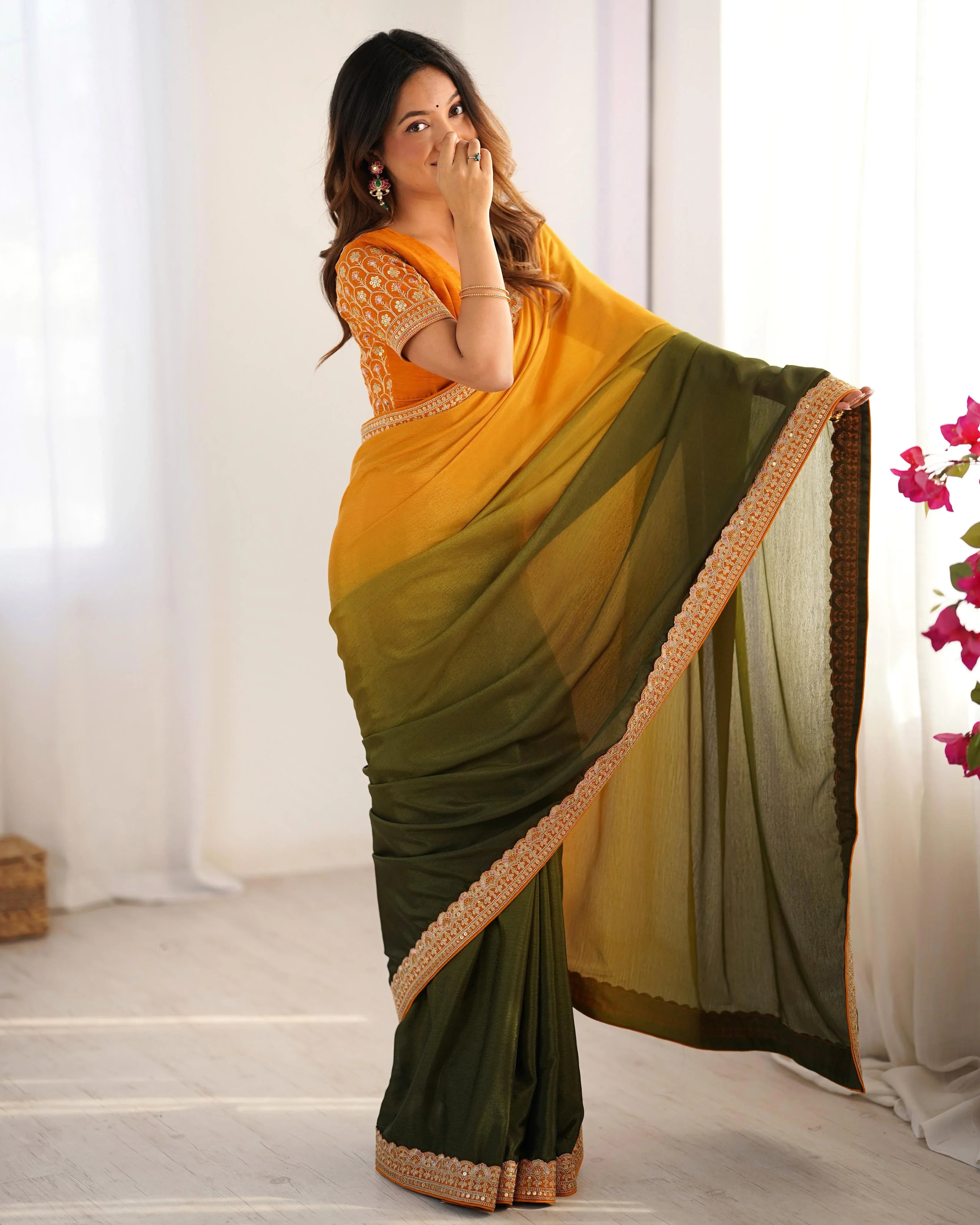 Beautiful Two Shade Chinon Silk Party Wear Saree