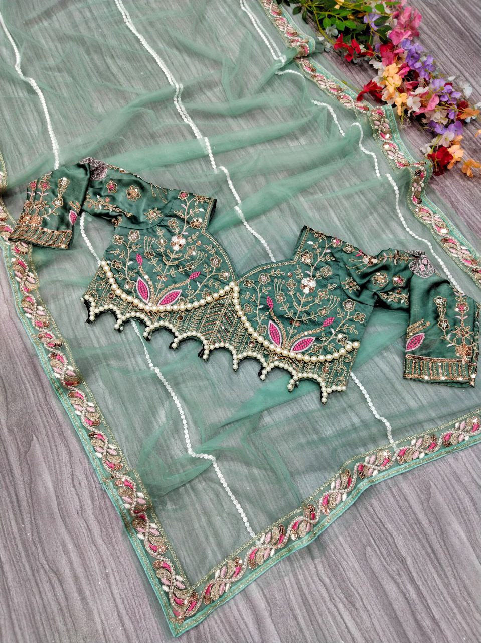 Beautiful Net Saree With Designer Embroidery Moti And Hand Diamond Work Heavy Blouse