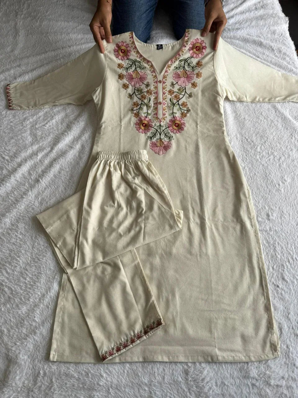 White Color Khadi Cotton Embroidery Work Kurti