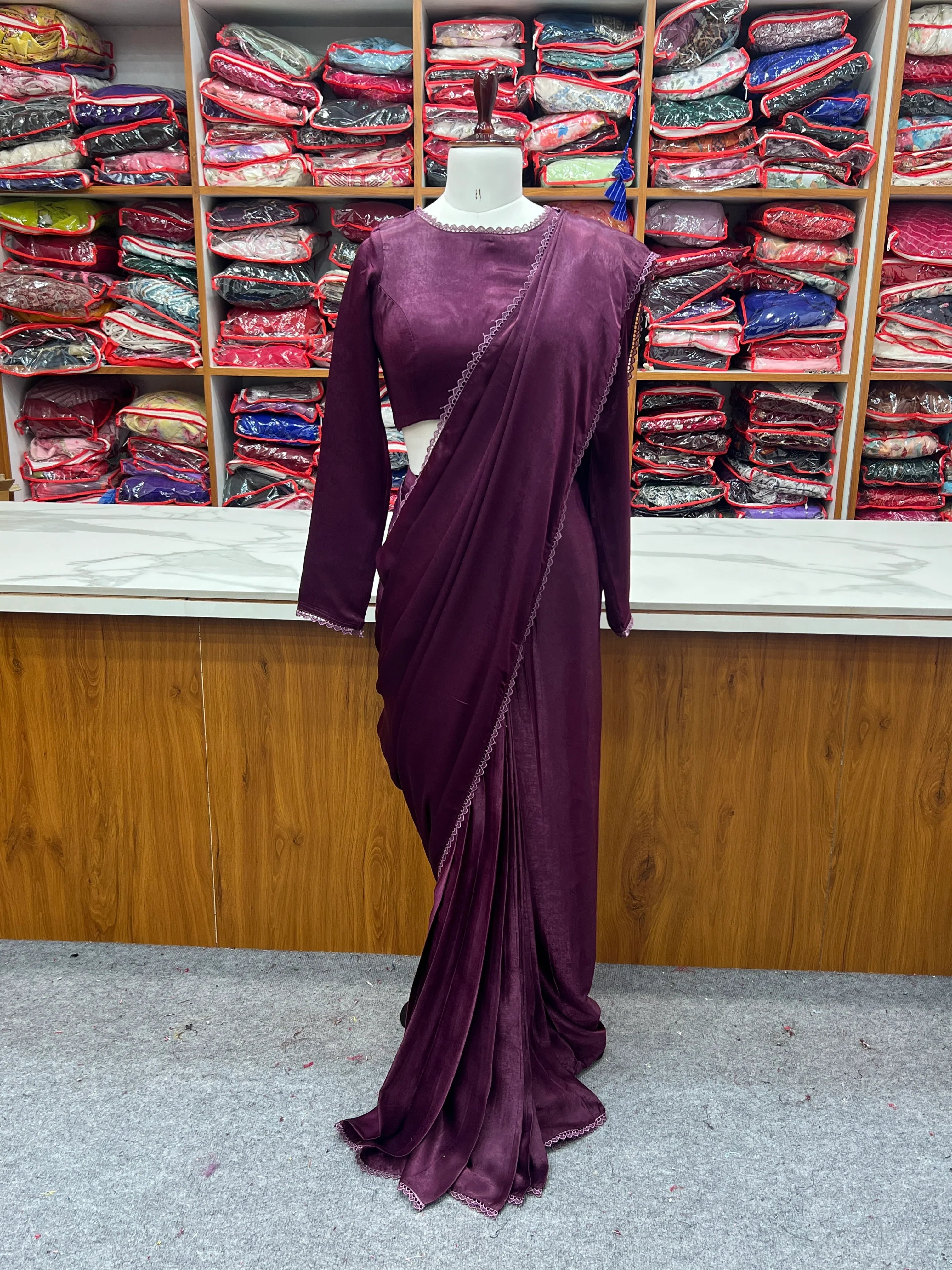 Wine Colour Velvet Lace Work Border Saree With Full Stitch Blouse