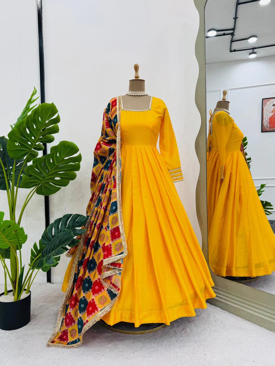 Haldi Special Yellow Gown In Silk Fabric With Fully plazzo With Multi Digital Print Lace Work Dupatta