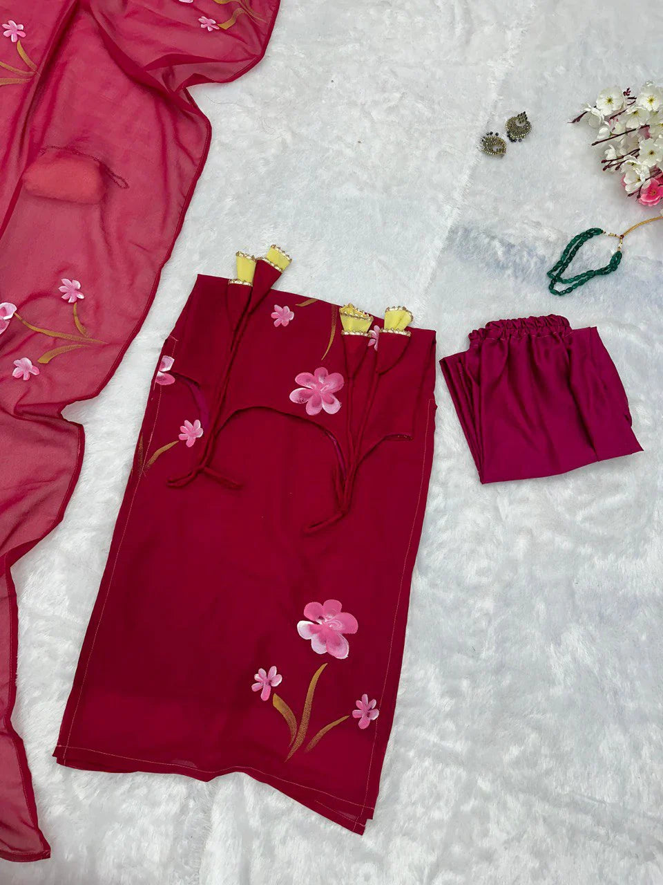 Wine Colour Georgette Floral Hand Printed Work Kurti