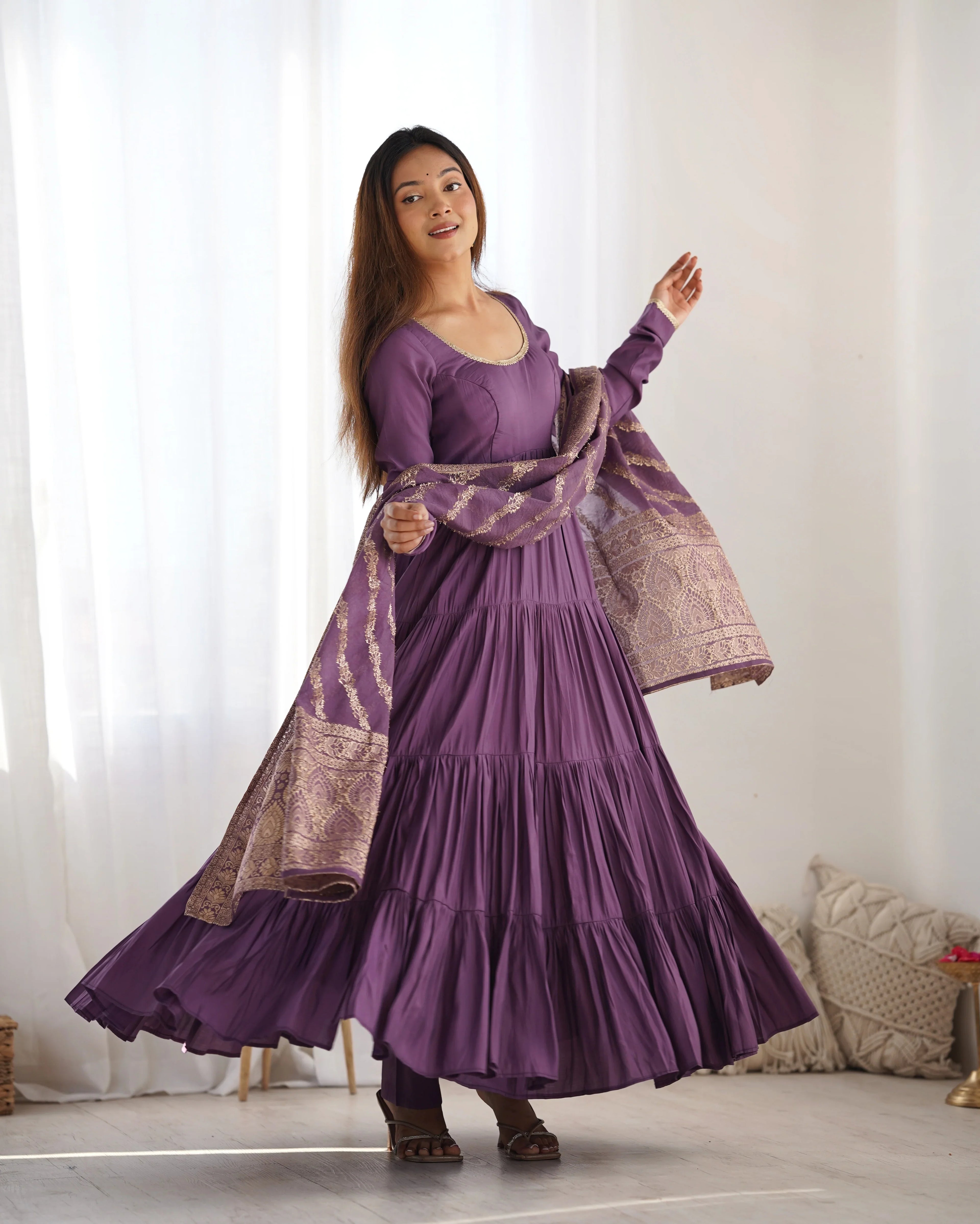 New Roman Silk Fabric Anarkali with Dupatta and Pant Set