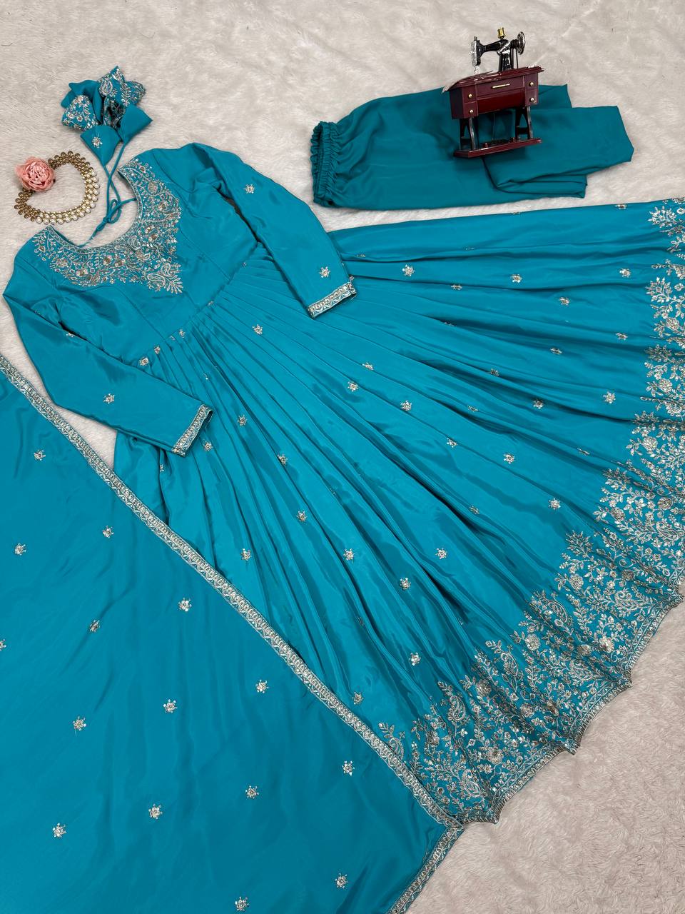 American Silk Plain Work And Thred With Sequence Work Gown