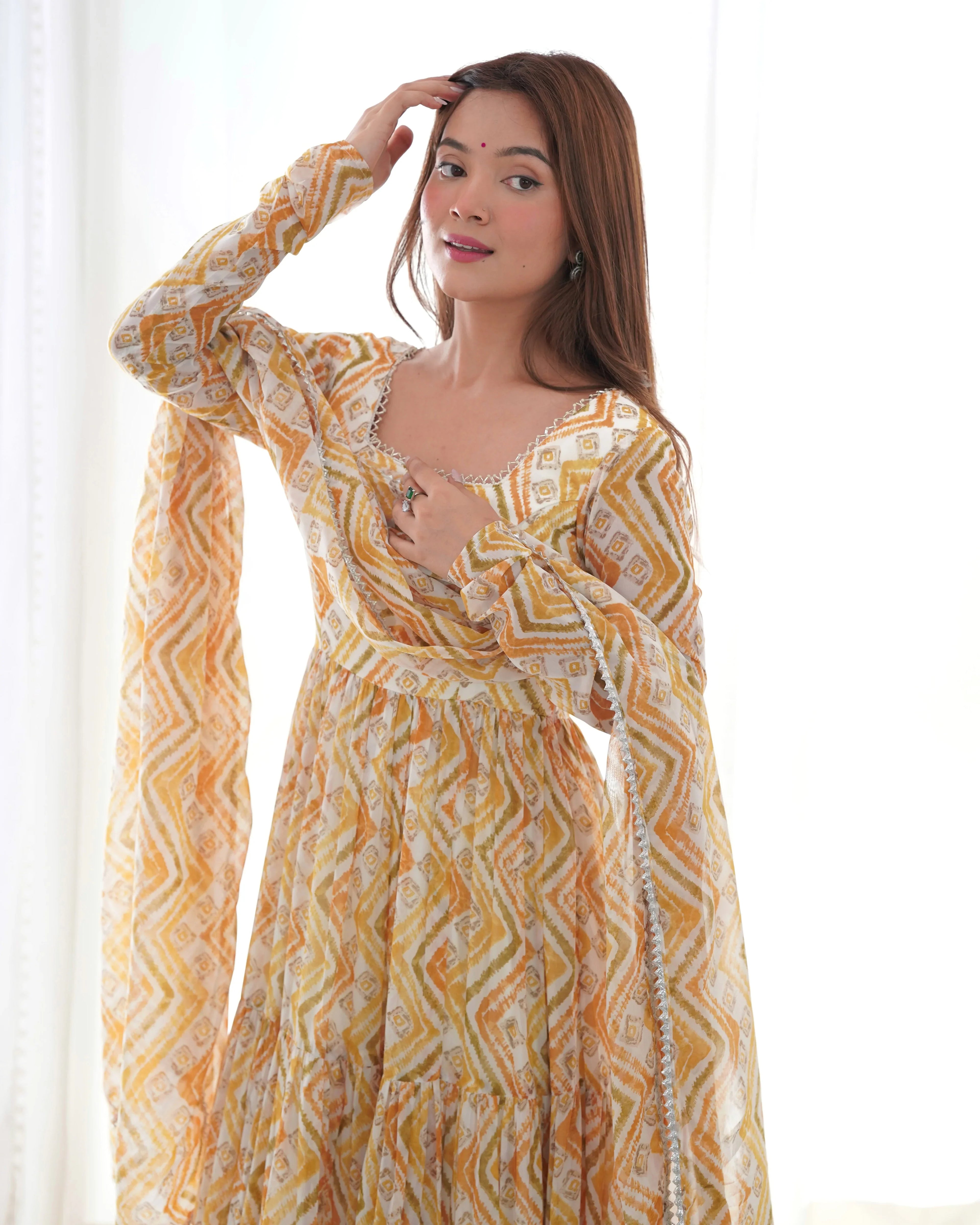 New Zigzag Printed 7 MTR Flair Anarkali Gown