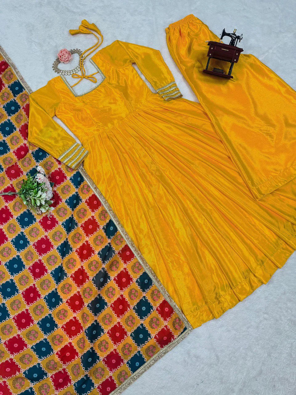 Haldi Special Yellow Gown In Silk Fabric With Fully plazzo With Multi Digital Print Lace Work Dupatta