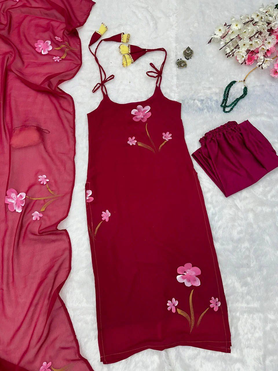 Wine Colour Georgette Floral Hand Printed Work Kurti