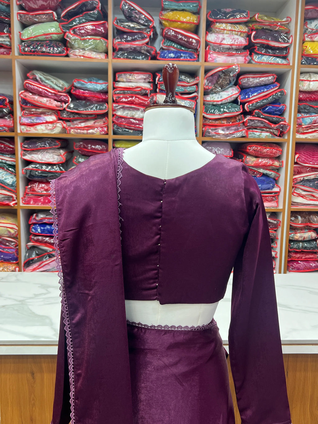 Wine Colour Velvet Lace Work Border Saree With Full Stitch Blouse
