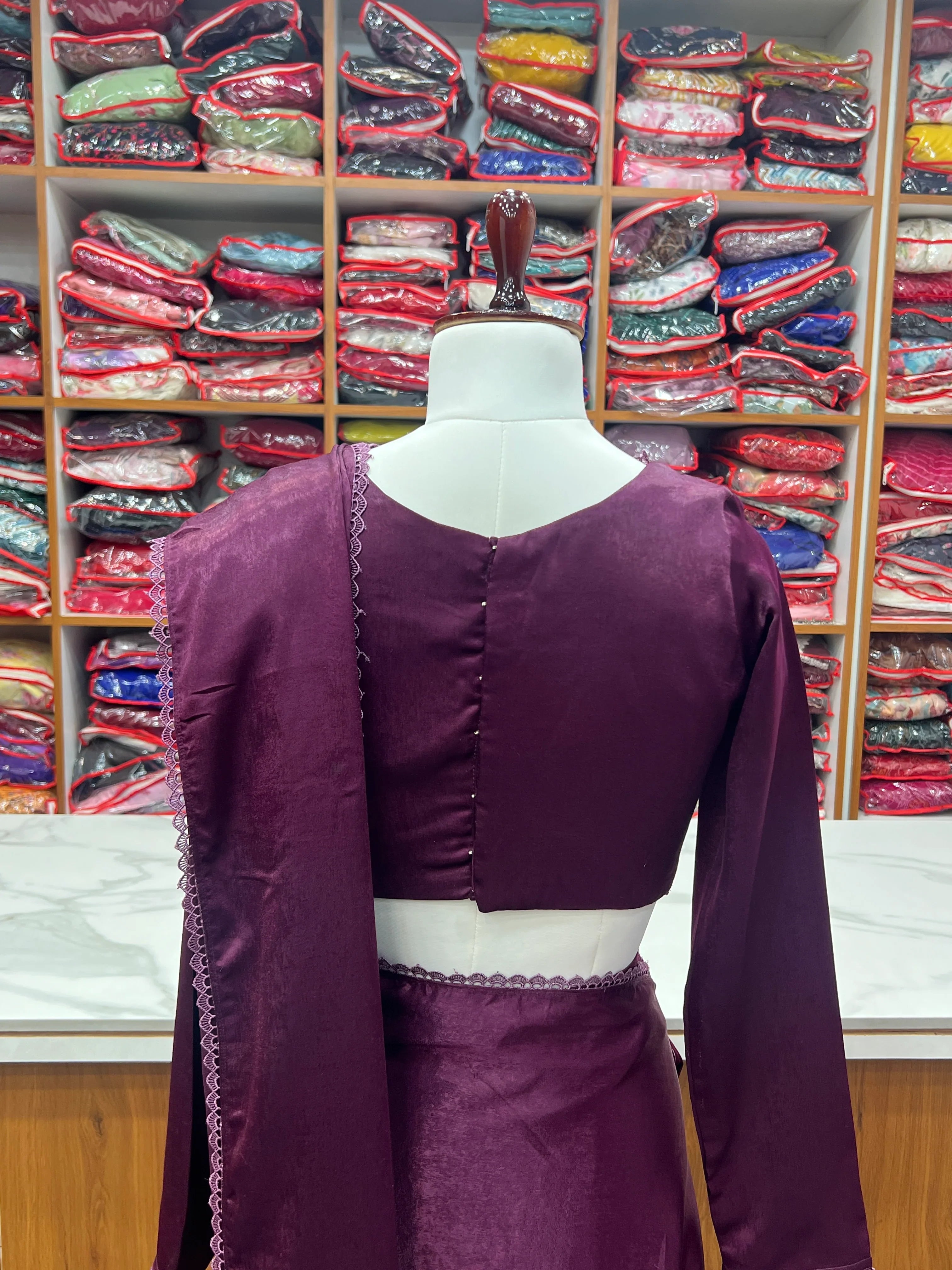 Wine Colour Velvet Lace Work Border Saree With Full Stitch Blouse