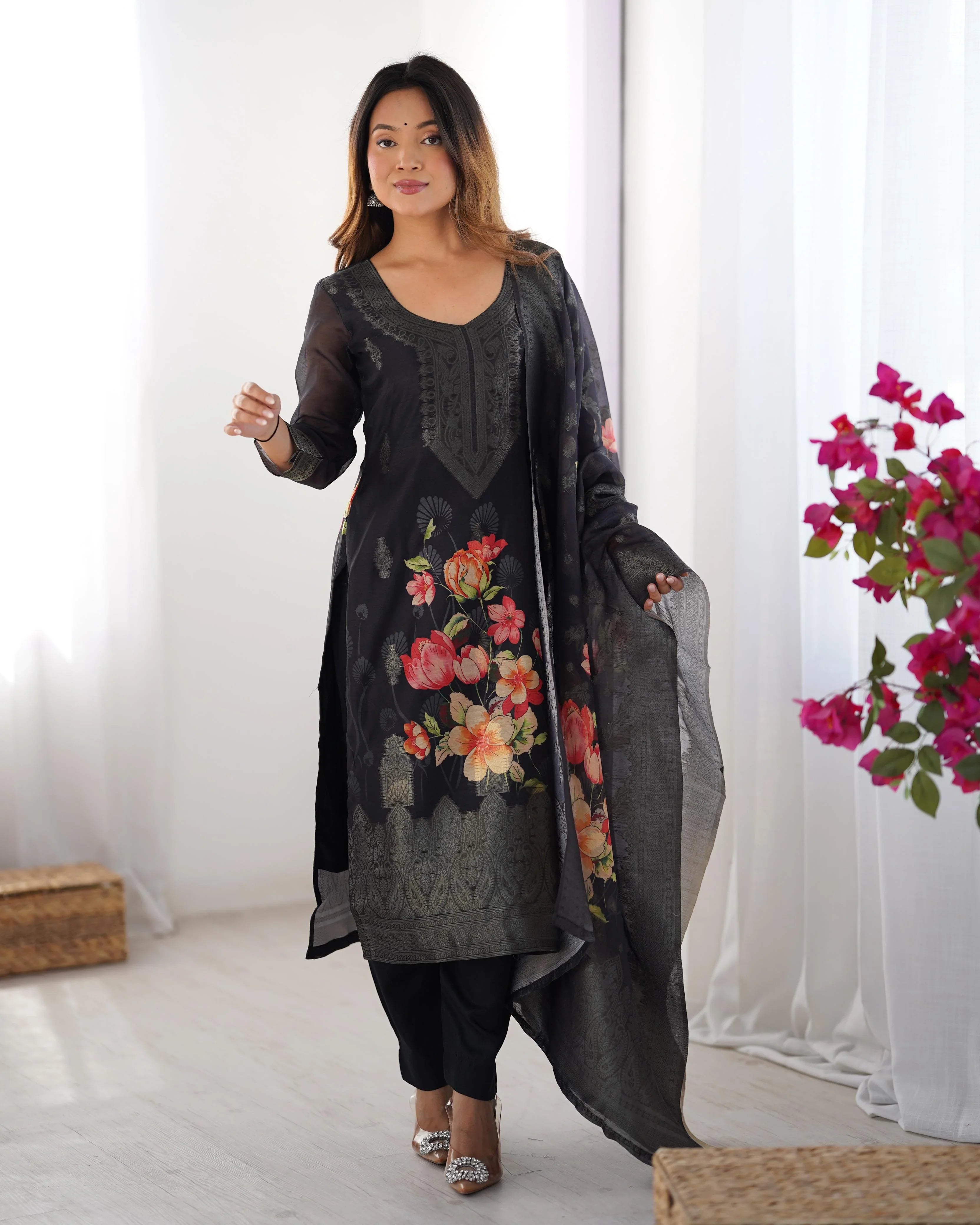 Women's Premium Chanderi Silk With Jacqard Print Dupatta Top Pant Set